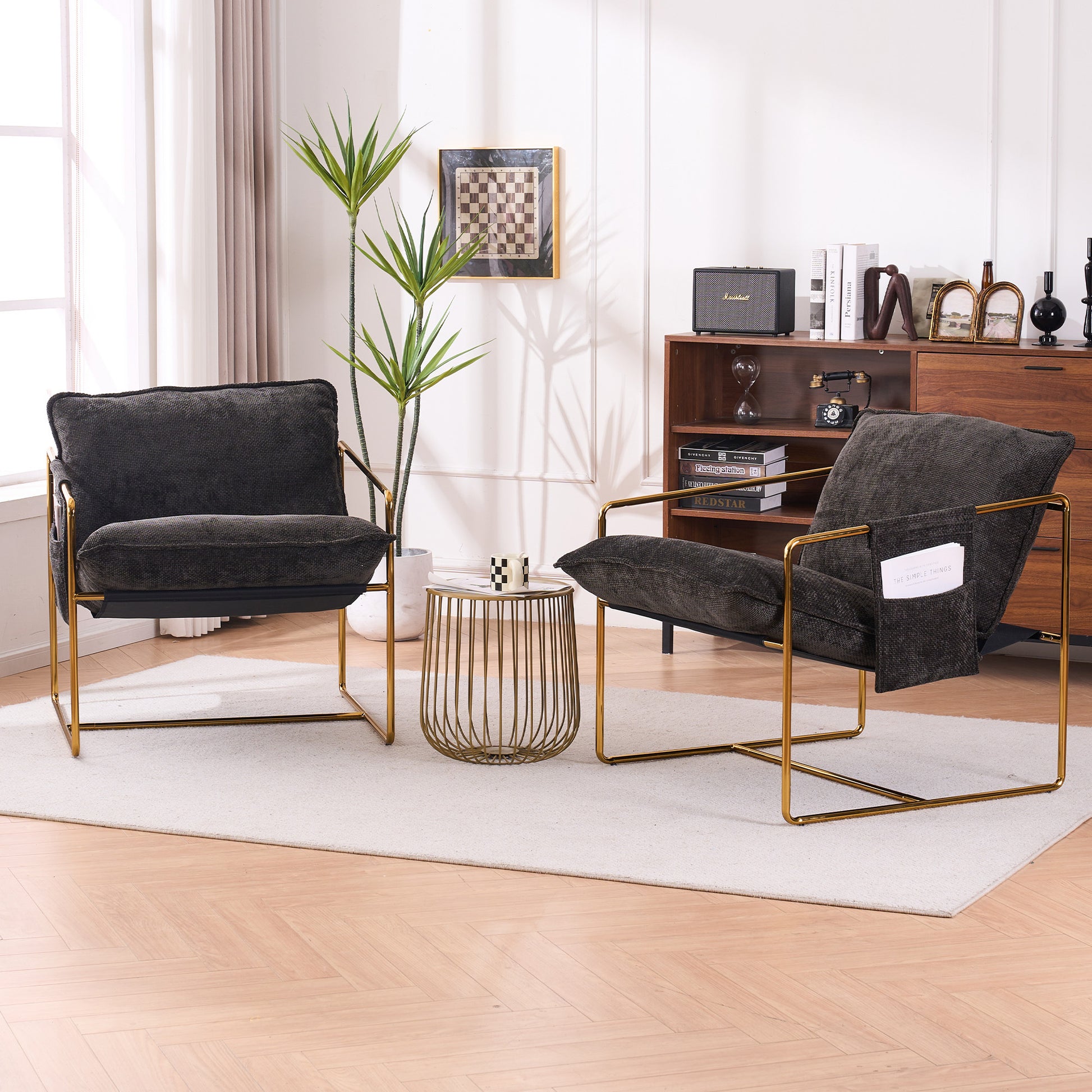 2 Chairs In 1 Box, Upholstered Hanging Armchair With Arm Pocketsmetal Frame, Gold Plated Craftsman, Crushed Foam Cushions And Skin Friendly Woven Fabric For Living Room And Bedroom. Dark Gray Dark Gray Metal