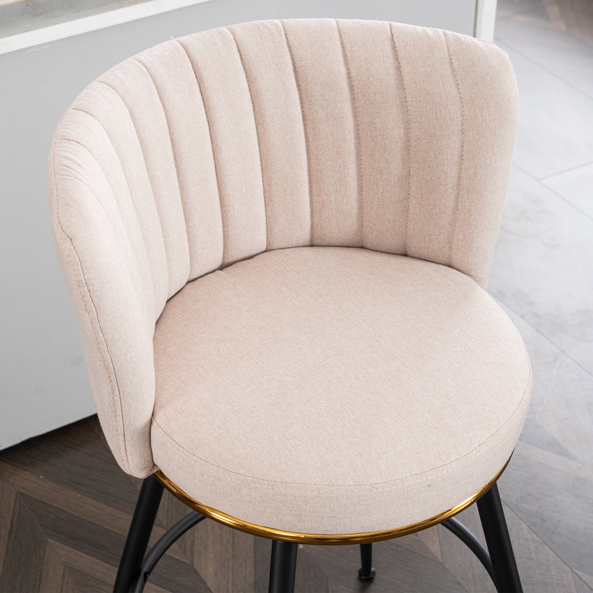 Set Of 2 Beige Swivel Bar Stools High Back, Adjustable, Upholstered With Elegant Metal Back Accents For Kitchen, Bar, Or Dining Room Beige Metal