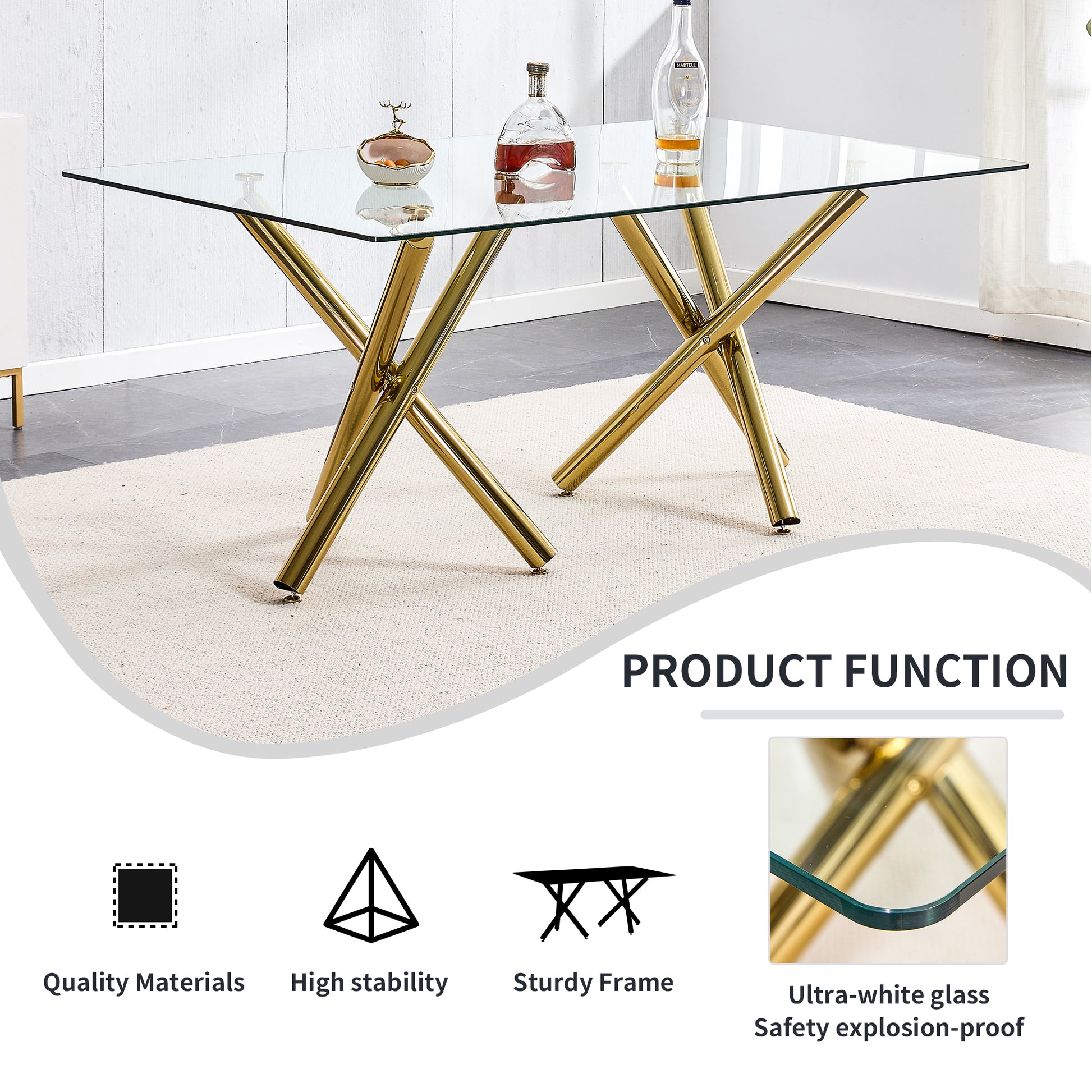 Large Modern Minimalist Rectangular Glass Dining Table For 6 8 With 0.39"Tempered Glass Tabletop And Golden Metal Legs,Kitchen Dining Living Meeting Room Banquet Hall, 71" X 35.4" X 30" 1538 Golden