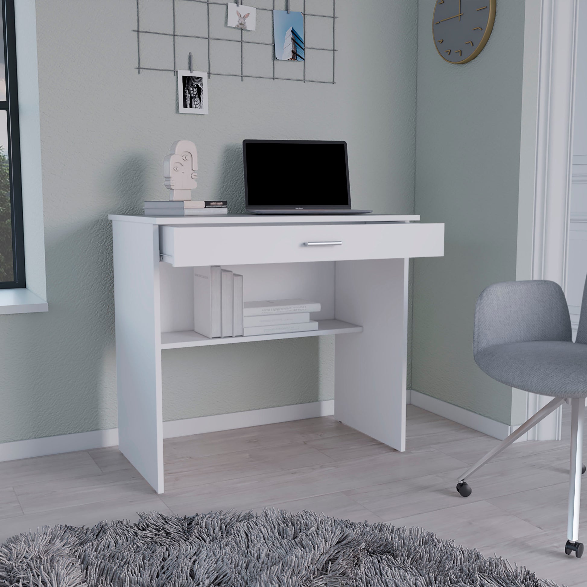 Montana Storage Desk, Spacious Stylish With Drawer And Shelf, White White Particle Board Pine