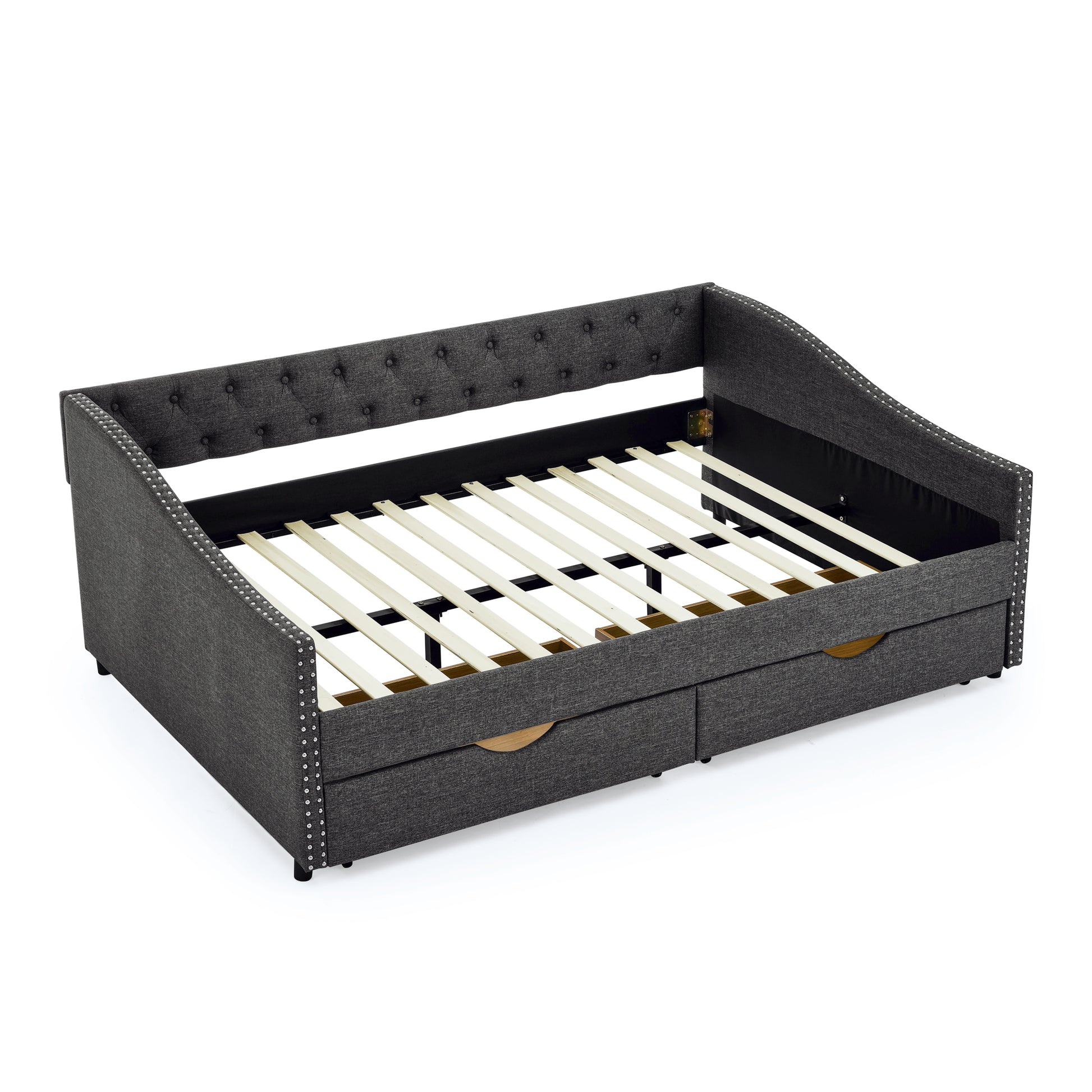 Full Size Daybed With Drawers Upholstered Tufted Sofa Bed, With Button On Back And Copper Nail On Waved Shape Arms 80.5''X55.5''X27.5'' Dark Grey Linen