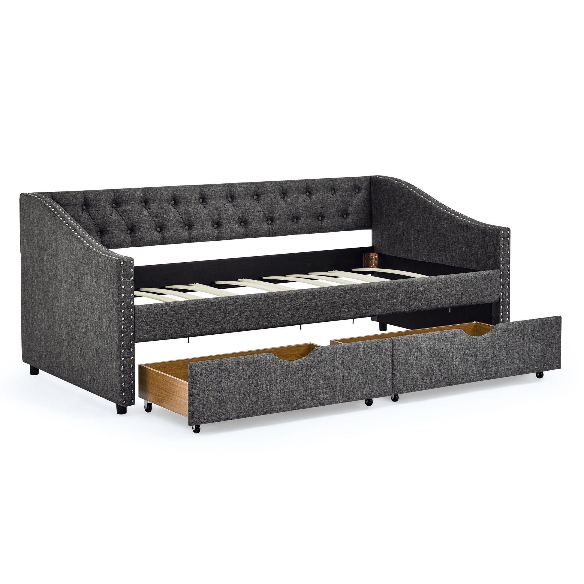 Twin Size Daybed With Drawers Upholstered Tufted Sofa Bed, With Button On Back And Copper Nail On Waved Shape Arms 81.5''X4''X30.5'' Dark Grey Linen