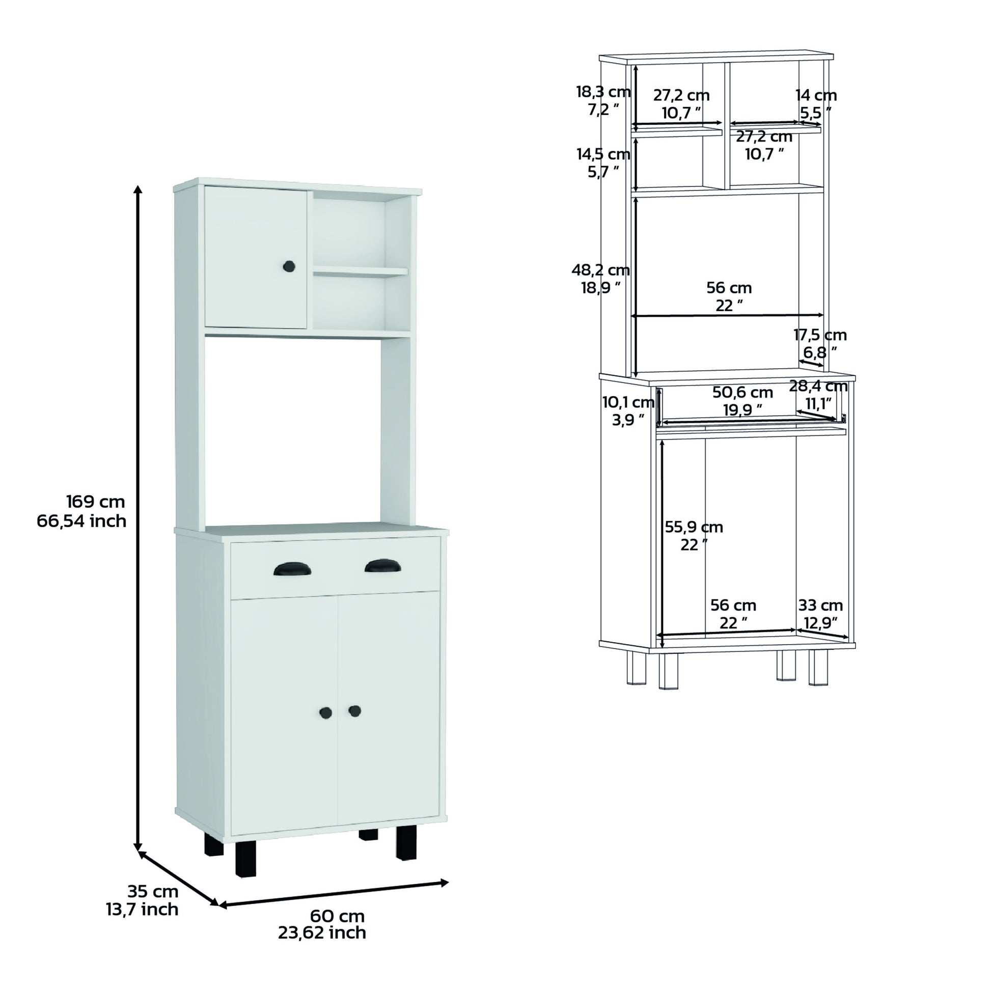 Depot E Shop Waco 67" H Kitchen Pantry With Two Cabinets, Two Open Shelves, And One Drawer,White White Particle Board Pine