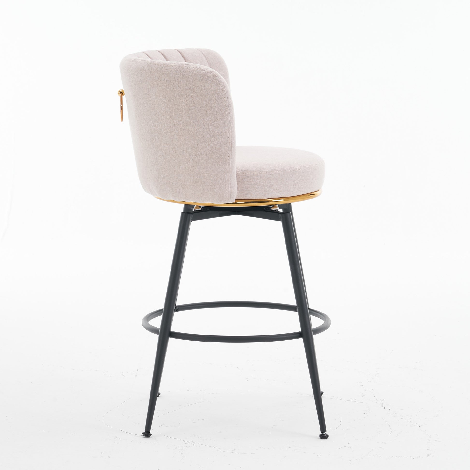 Set Of 2 Beige Swivel Bar Stools High Back, Adjustable, Upholstered With Elegant Metal Back Accents For Kitchen, Bar, Or Dining Room Beige Metal