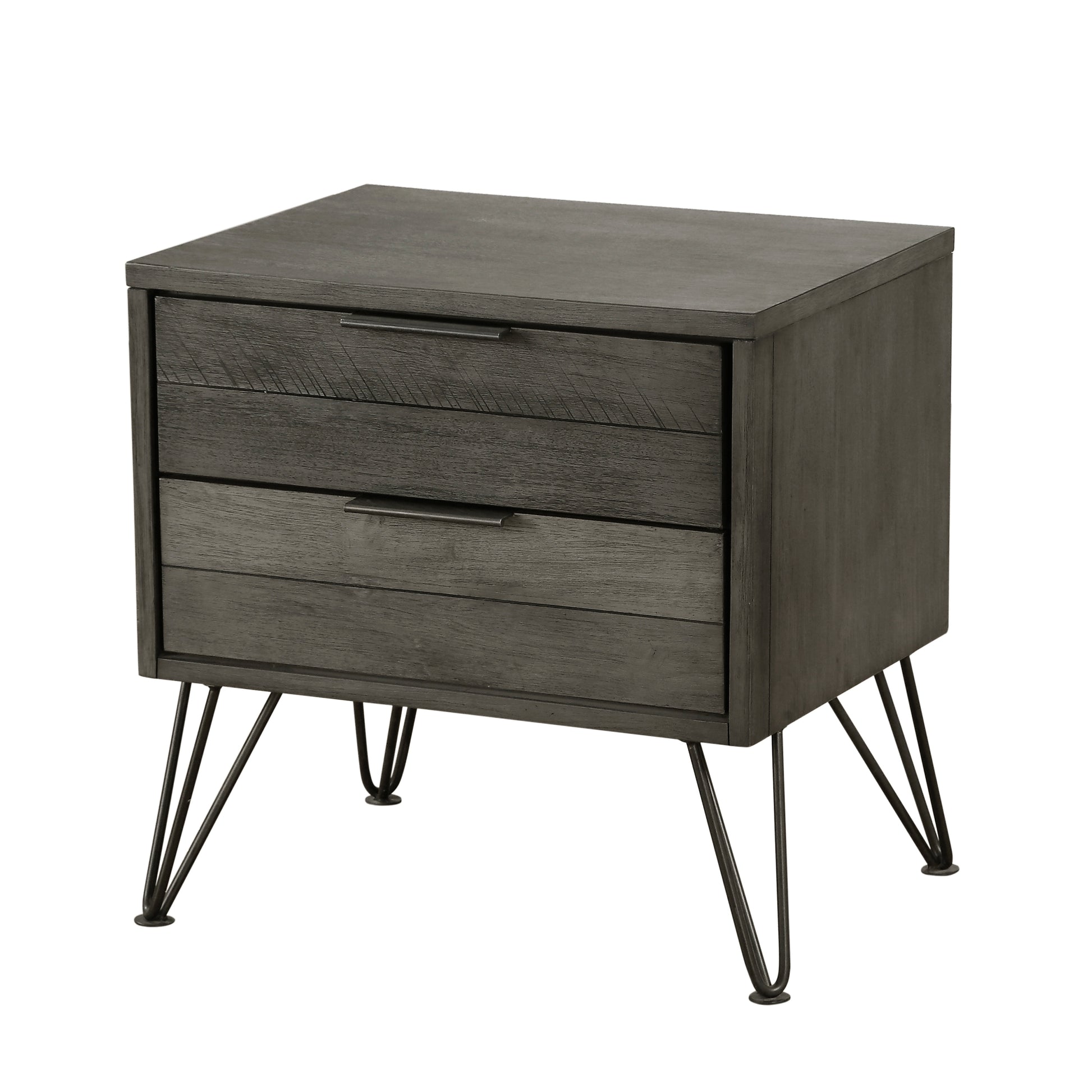 Contemporary Three Tone Gray Finish Nightstand Perched Atop Metal Legs Acacia Veneer Modern Bedroom Furniture Gray 2 Drawers Bedroom Contemporary Wood