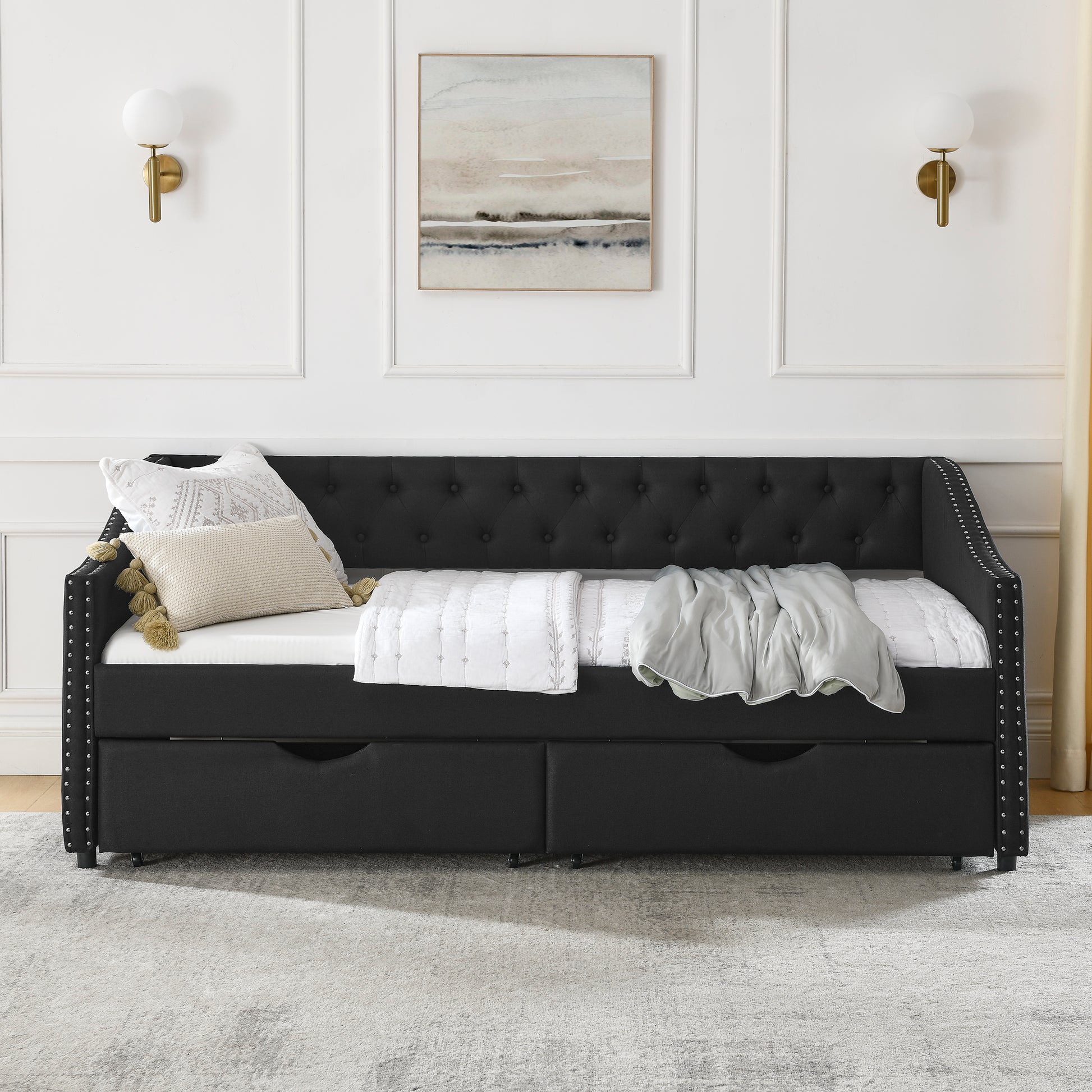 Twin Size Daybed With Drawers Upholstered Tufted Sofa Bed, With Button On Back And Copper Nail On Waved Shape Arms 81.5''X4''X30.5'' Black Linen