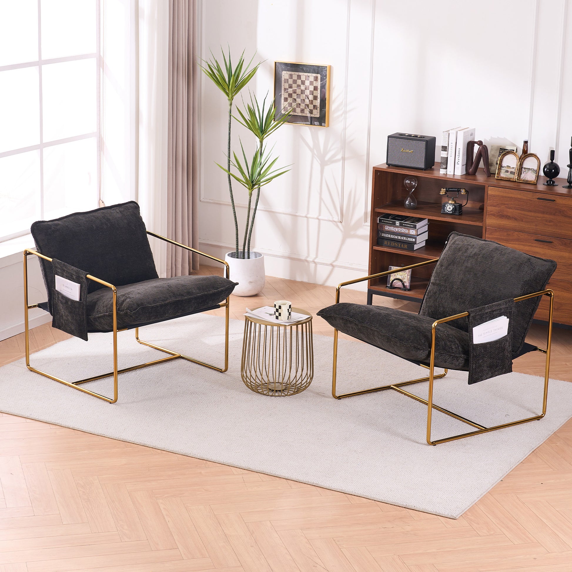2 Chairs In 1 Box, Upholstered Hanging Armchair With Arm Pocketsmetal Frame, Gold Plated Craftsman, Crushed Foam Cushions And Skin Friendly Woven Fabric For Living Room And Bedroom. Dark Gray Dark Gray Metal