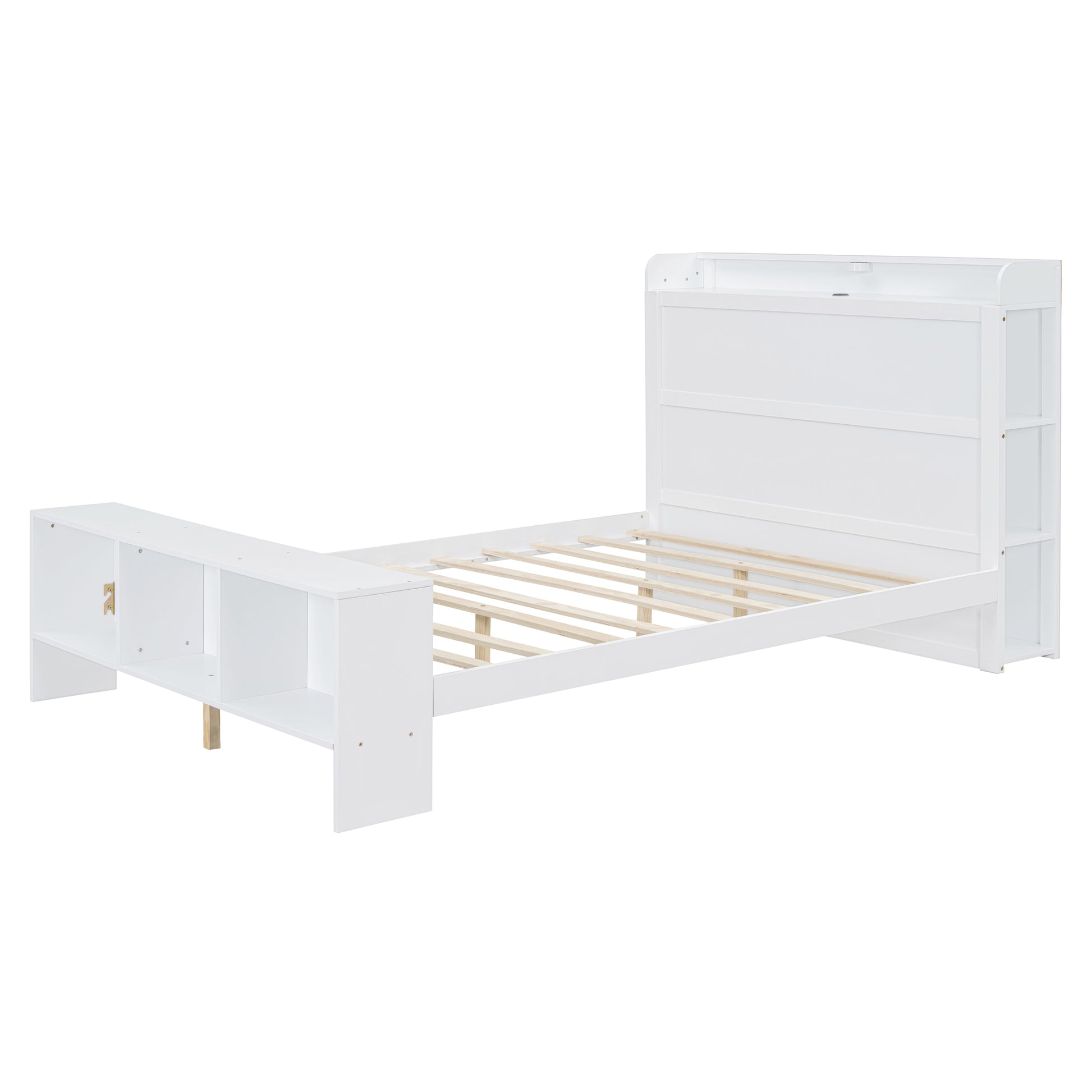 Full Size Platform Bed With Built In Shelves, Led Light And Usb Ports, White White Mdf Lvl