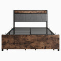 Full Size Bed Frame, Storage Headboard With Charging Station And 2 Storage Drawers,Vintage Brown And Gray Box Spring Not Required Full Black Iron Brown Bedroom Bed Frame Metal & Wood