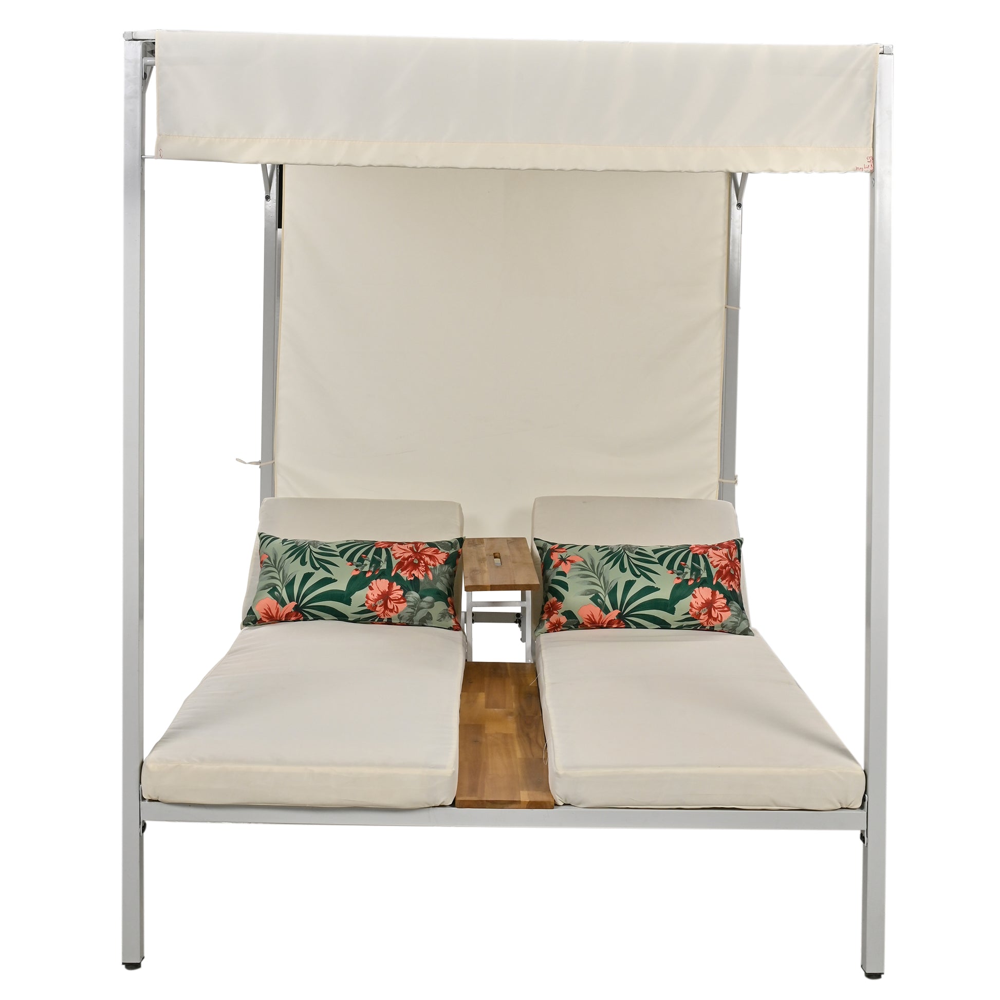 Outdoor Patio Sunbed Daybed With Cushions, Adjustable Seats Beige Steel