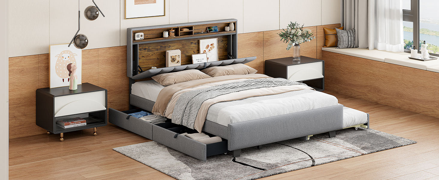 Queen Size Upholstered Platform Bed With Storage Headboard, Twin Xl Size Trundle & 2 Drawers And A Set Of Sockets & Usb Ports, Linen Fabric, Gray Gray Linen