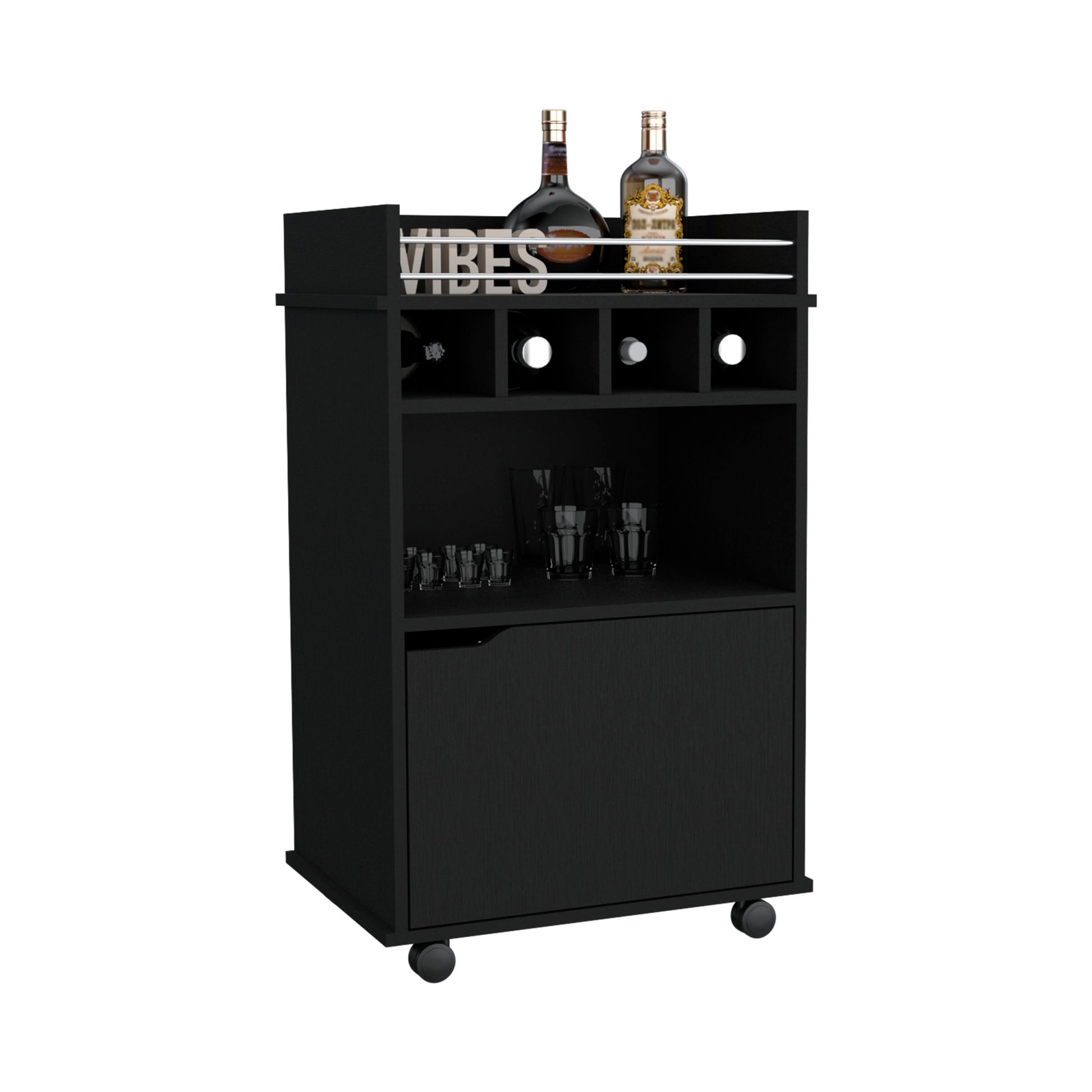 Depot E Shop Sims 35" H Bar Cart With Two Shelves Four Wine Cubbies And One Cabinet,Black Black Particle Board Pine