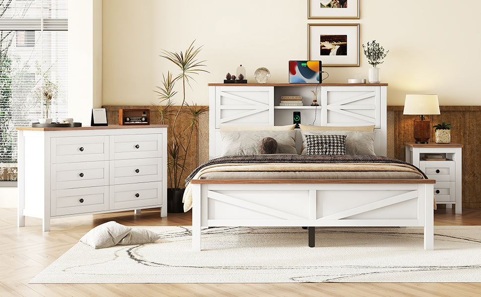 3 Pieces Bedroom Sets Queen Size Farmhouse Platform Bed With Double Sliding Door Storage Headboard, Storage Nightstand And Dresser, White Brown Queen White 3 Piece Set Particle Board