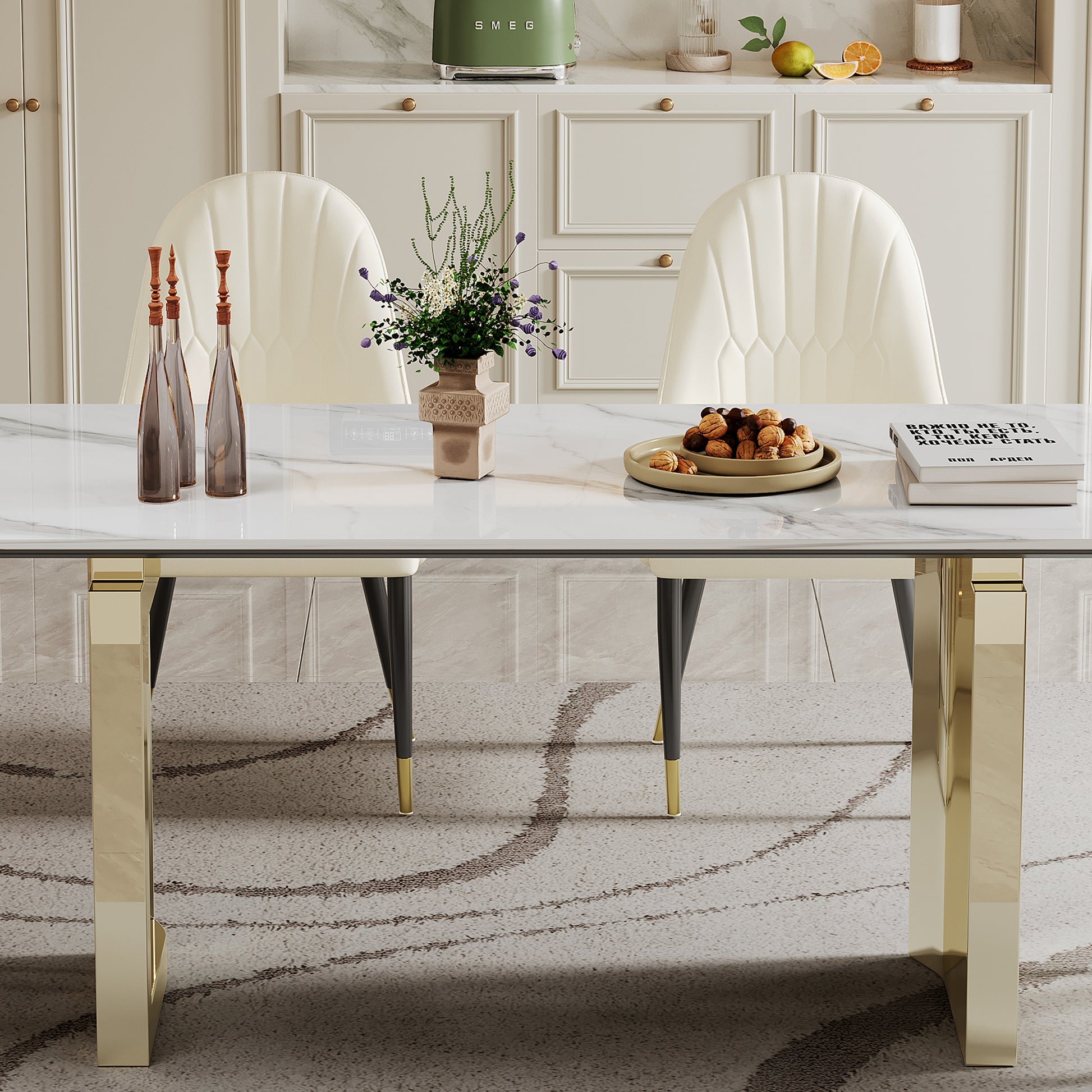 0.47" Thick Sintered Stone Composite Tempered Glass Top Rectangular Dining Table With Stainless Steel Base Gold Sintered Stone