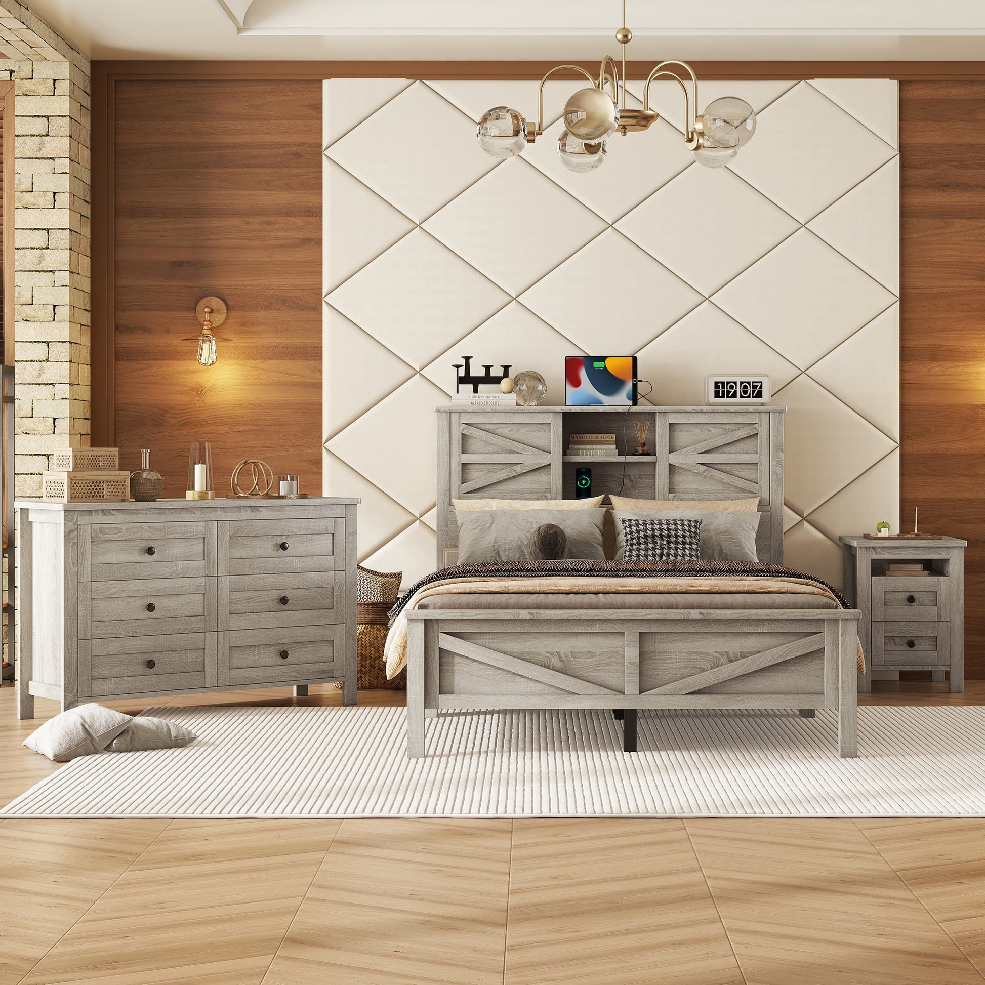 3 Pieces Bedroom Sets Full Size Farmhouse Platform Bed With Double Sliding Door Storage Headboard And Charging Station, Storage Nightstand And Dresser, Antique Gray Full Antique Gray 3 Piece Set Particle Board
