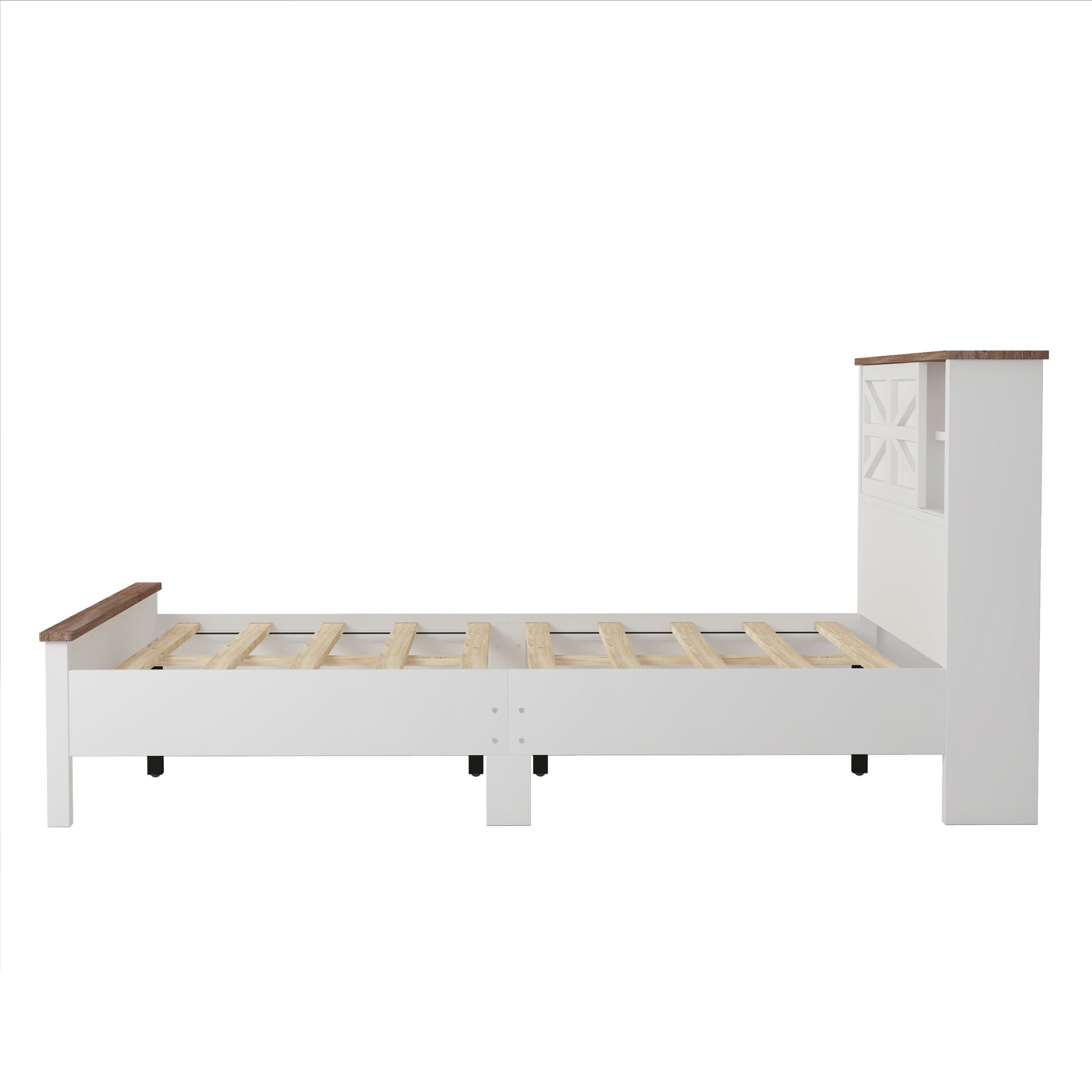 Farmhouse Platform Bed With Double Sliding Barn Door, Full Size Rustic Wood Bed Withcharging Station, Wood Slats Support, White Brown White Particle Board