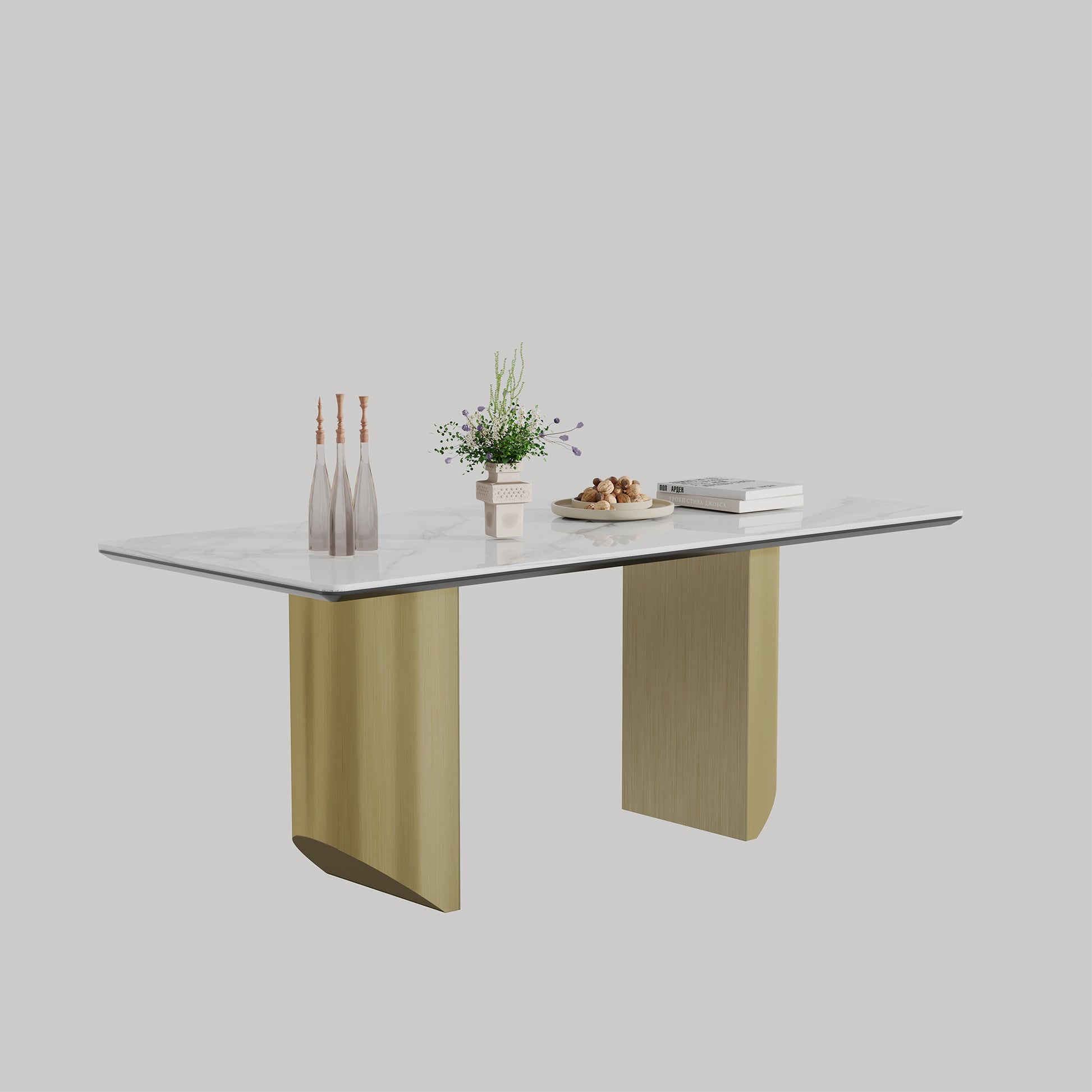 0.47" Thick Sintered Stone Composite Tempered Glass Top Rectangular Dining Table With Stainless Steel Base Gold Sintered Stone