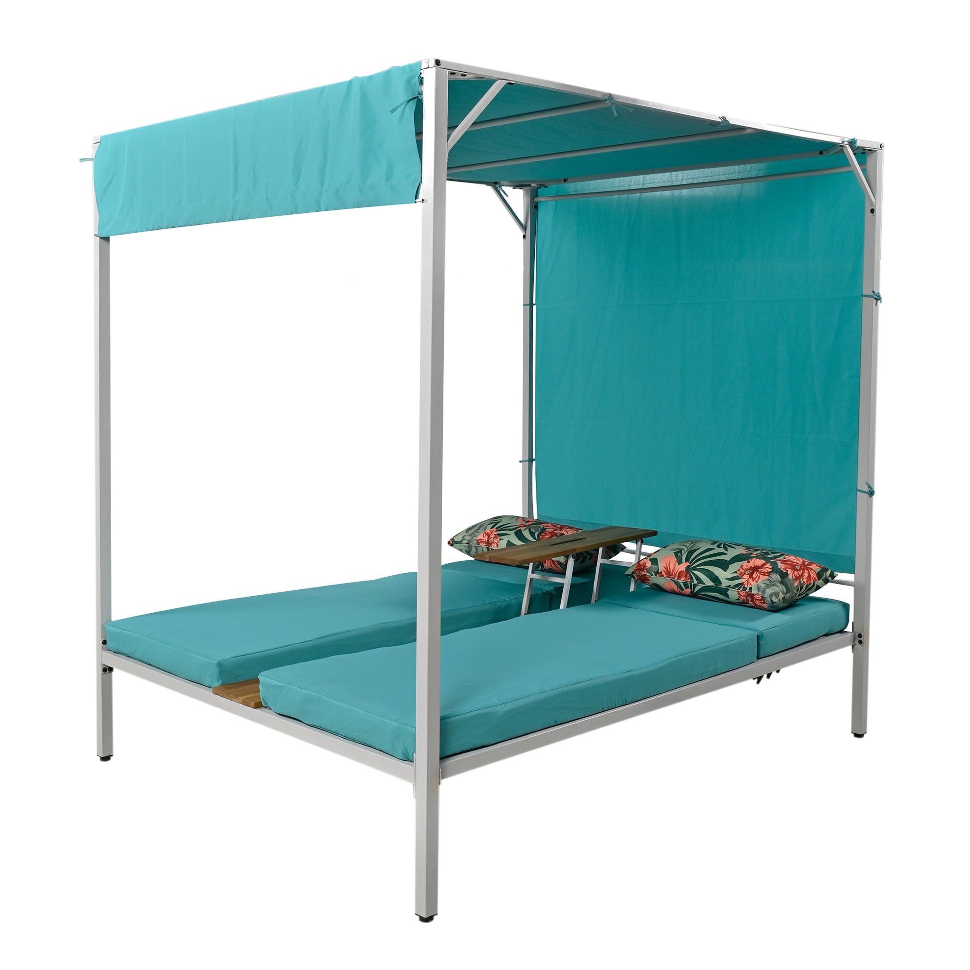 Outdoor Patio Sunbed Daybed With Cushions, Adjustable Seats Blue Steel