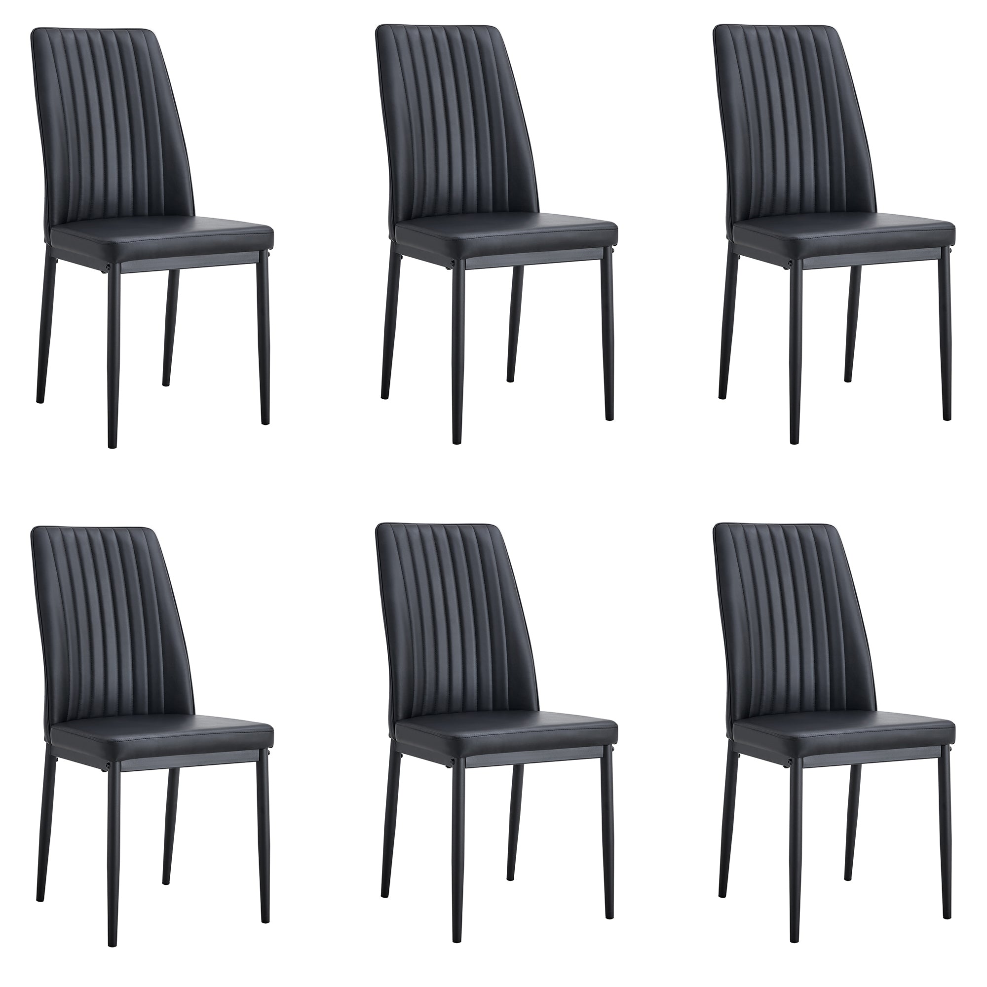 Modern Dining Chairs Set Of 6, Side Dining Room Kitchen Chairs, Faux Leather Upholstered Seat And Metal Legs Side Chairs, Black Black Mdf Glass