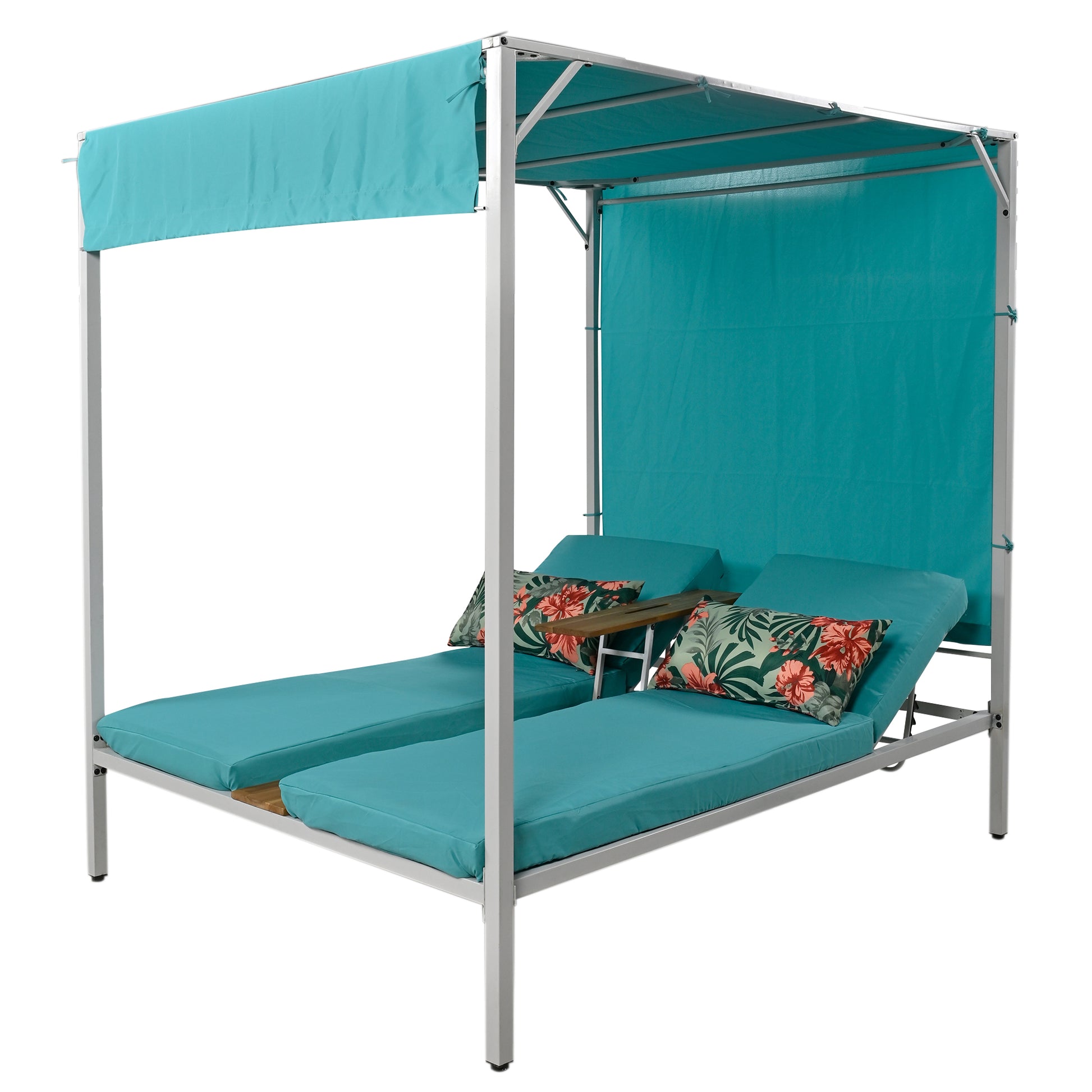 Outdoor Patio Sunbed Daybed With Cushions, Adjustable Seats Blue Steel