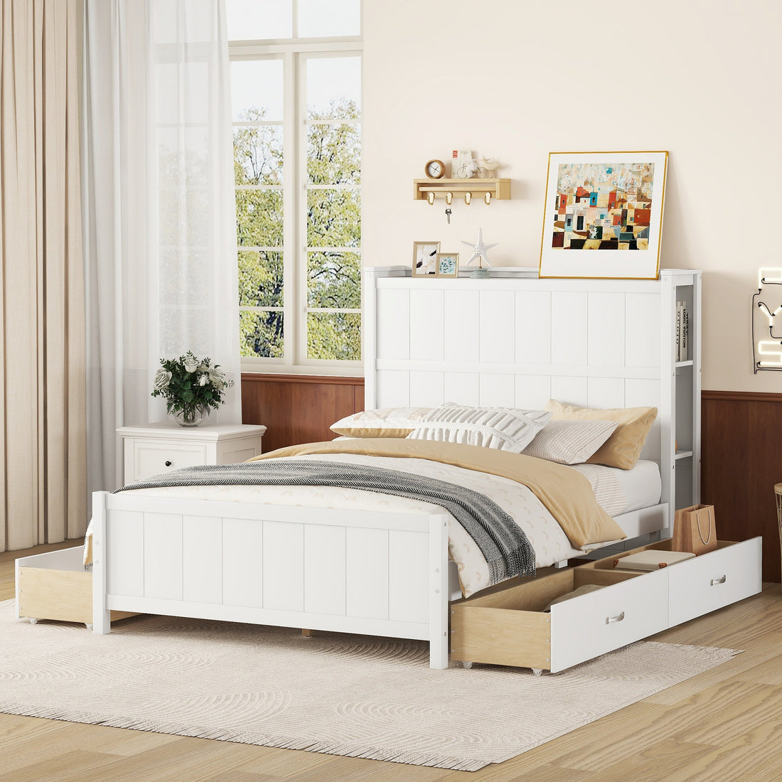 Full Size Platform Bed With Drawers And Storage Shelves, White Antique White Solid Wood Mdf