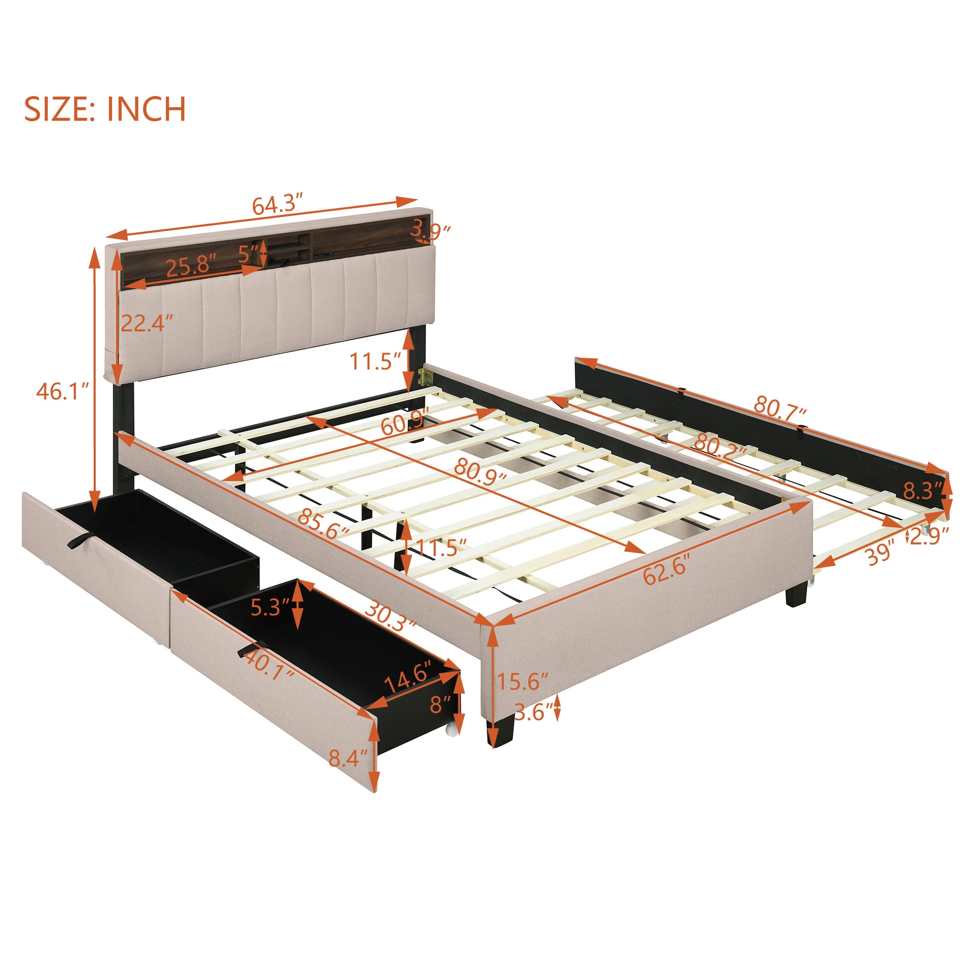 Queen Size Upholstered Platform Bed With Storage Headboard, Twin Xl Size Trundle & 2 Drawers And A Set Of Sockets & Usb Ports, Linen Fabric, Beige Beige Linen