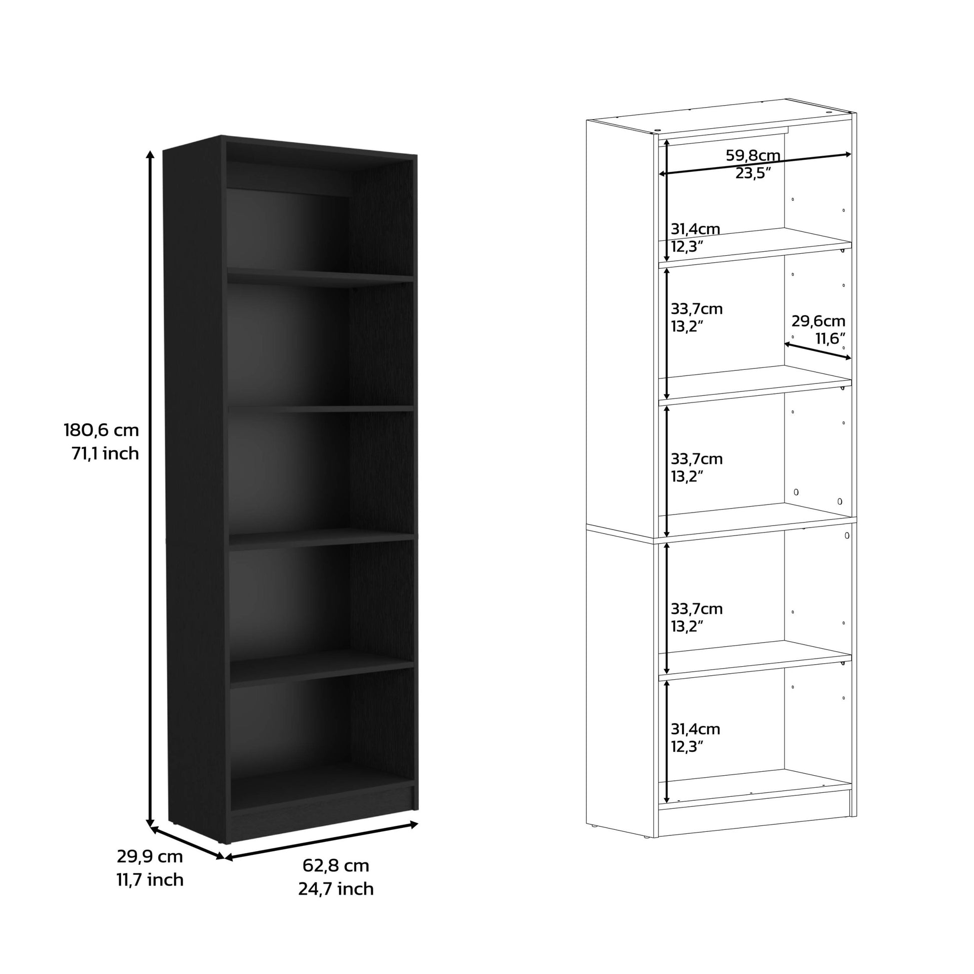 Vinton 4 Tier Bookcase With Modern Storage For Books And Decor, Black Black Particle Board Pine