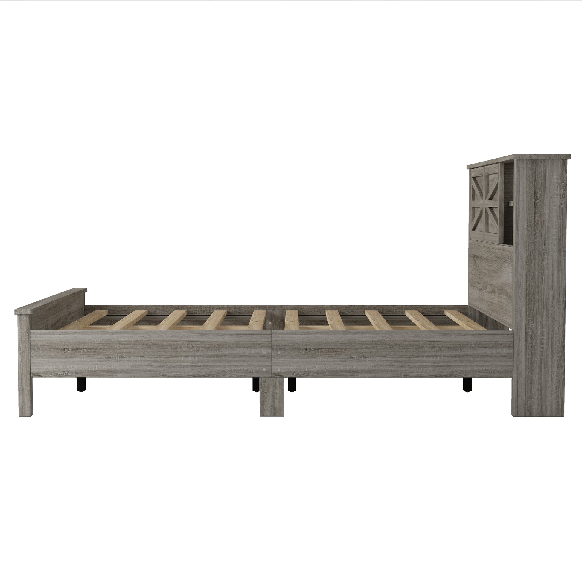 Farmhouse Platform Bed With Double Sliding Barn Door, Queen Size Rustic Wood Bed Withcharging Station, Wood Slats Support, Antique Gray Antique Gray Particle Board