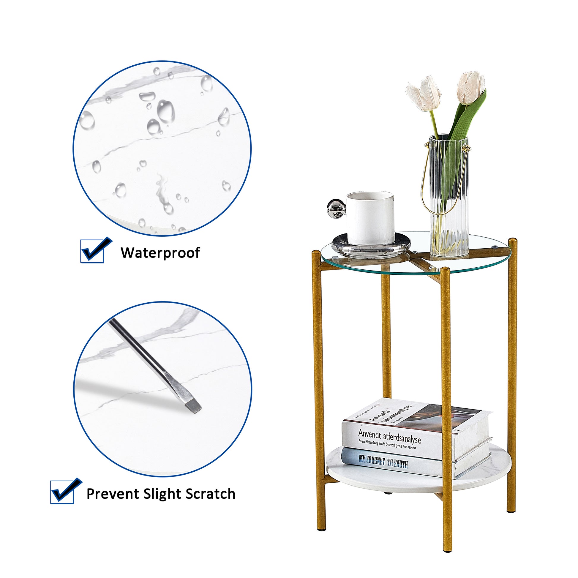 2 Layer End Table With Whole Marble Tabletop, Round Coffee Table With Black Metal Frame For Bedroom Living Room Office Transparent,1 Piece Transparent Glass Metal