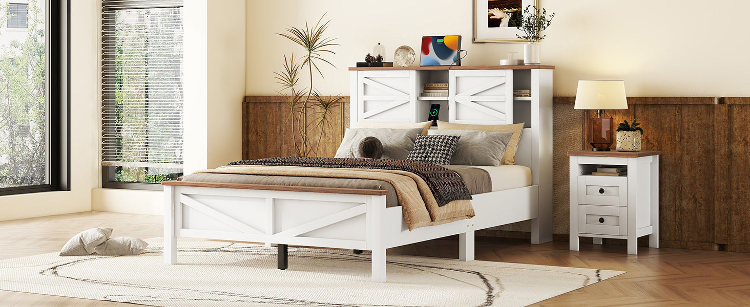 Farmhouse Platform Bed With Double Sliding Barn Door, Full Size Rustic Wood Bed Withcharging Station, Wood Slats Support, White Brown White Particle Board