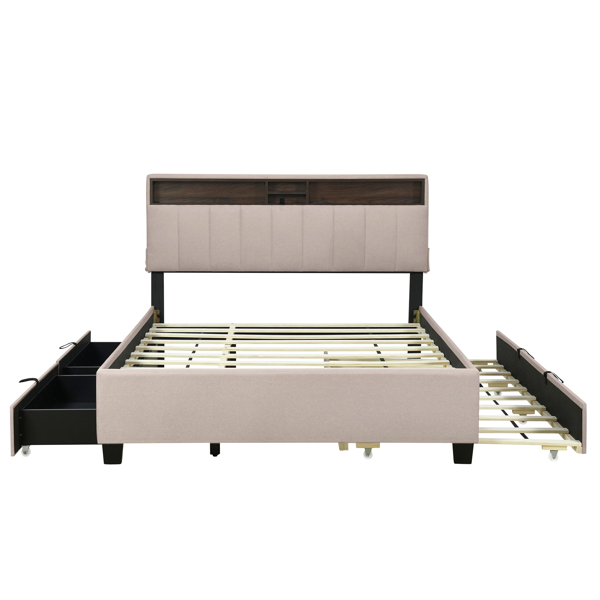 Queen Size Upholstered Platform Bed With Storage Headboard, Twin Xl Size Trundle & 2 Drawers And A Set Of Sockets & Usb Ports, Linen Fabric, Beige Beige Linen