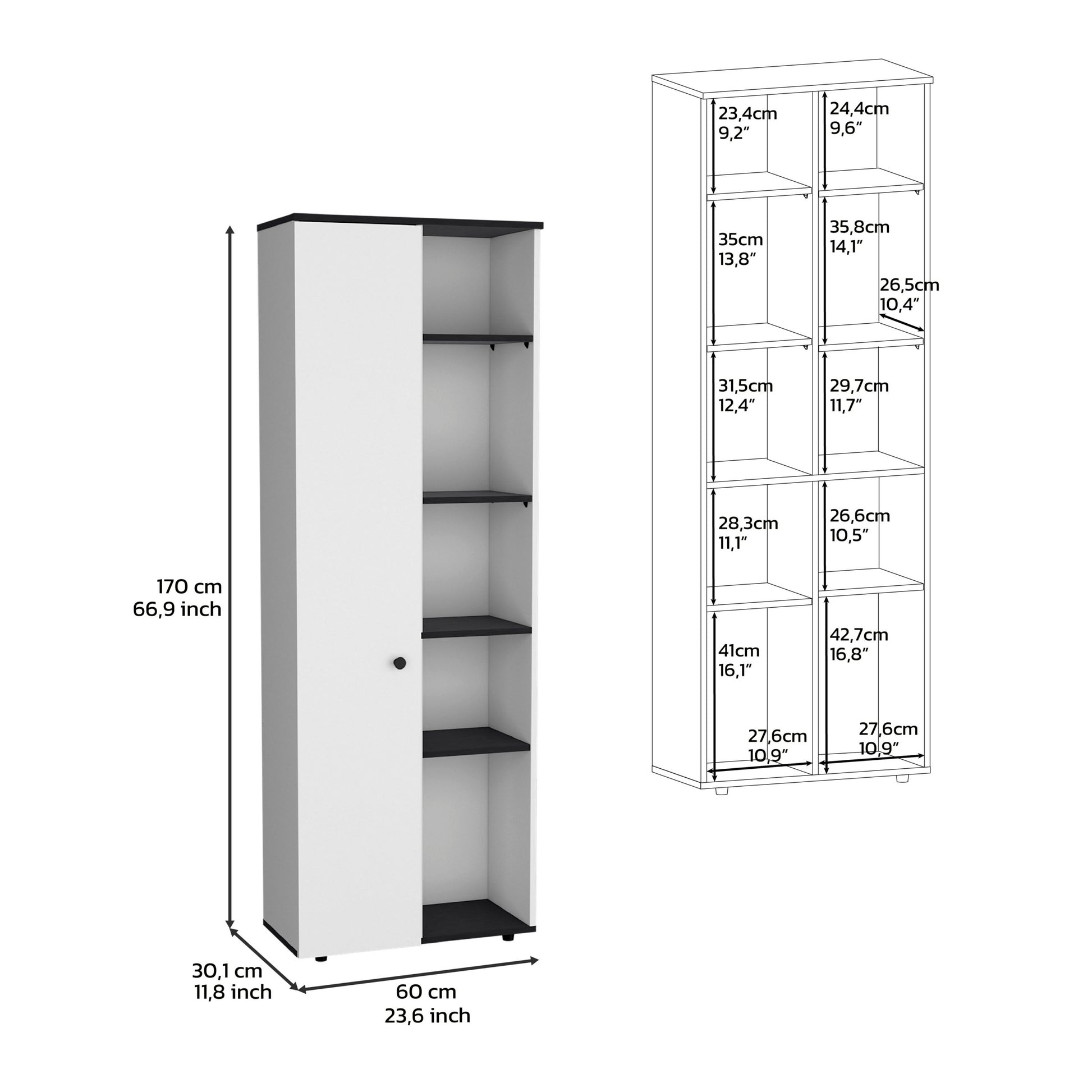 Depot E Shop Cary 67" H Kitchen Storage Cabinet With One Door, Five Interior Shelves And Five Exterior Shelves,White Black White Black Particle Board Pine