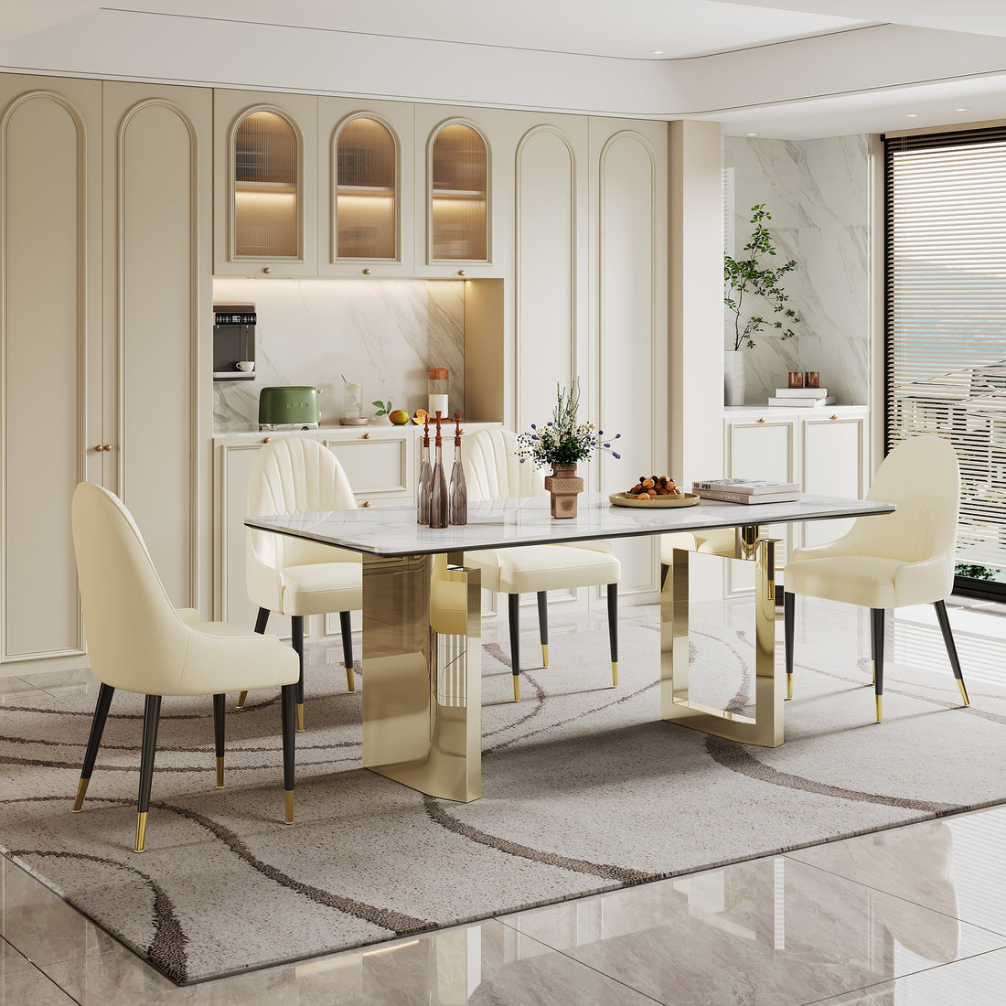 0.47" Thick Sintered Stone Composite Tempered Glass Top Rectangular Dining Table With Stainless Steel Base Gold Sintered Stone