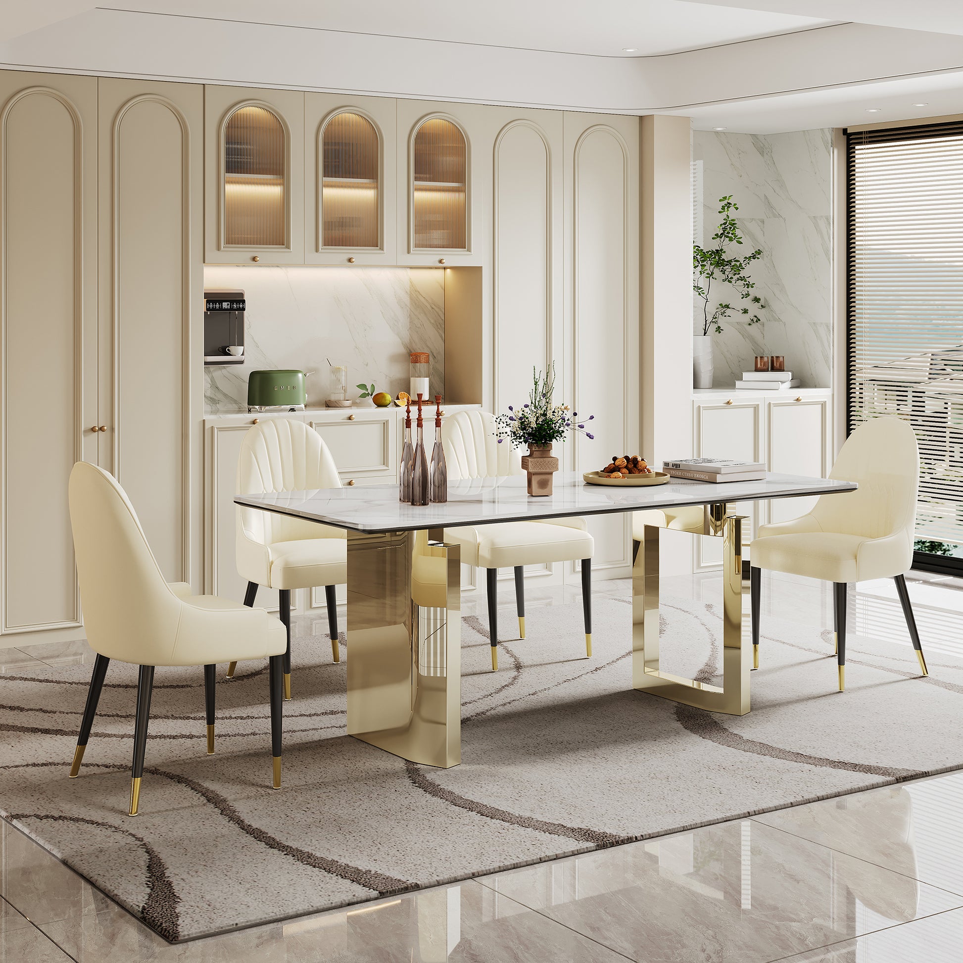 0.47" Thick Sintered Stone Composite Tempered Glass Top Rectangular Dining Table With Stainless Steel Base Gold Sintered Stone