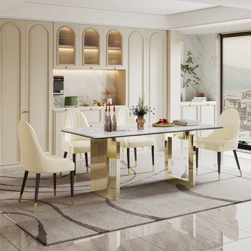 0.47" Thick Sintered Stone Composite Tempered Glass Top Rectangular Dining Table With Stainless Steel Base Gold Sintered Stone
