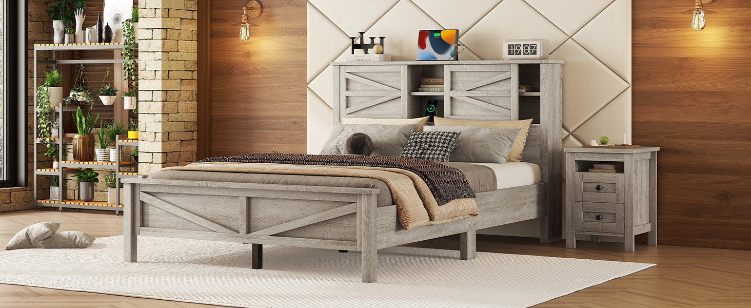 Farmhouse Platform Bed With Double Sliding Barn Door, Queen Size Rustic Wood Bed Withcharging Station, Wood Slats Support, Antique Gray Antique Gray Particle Board