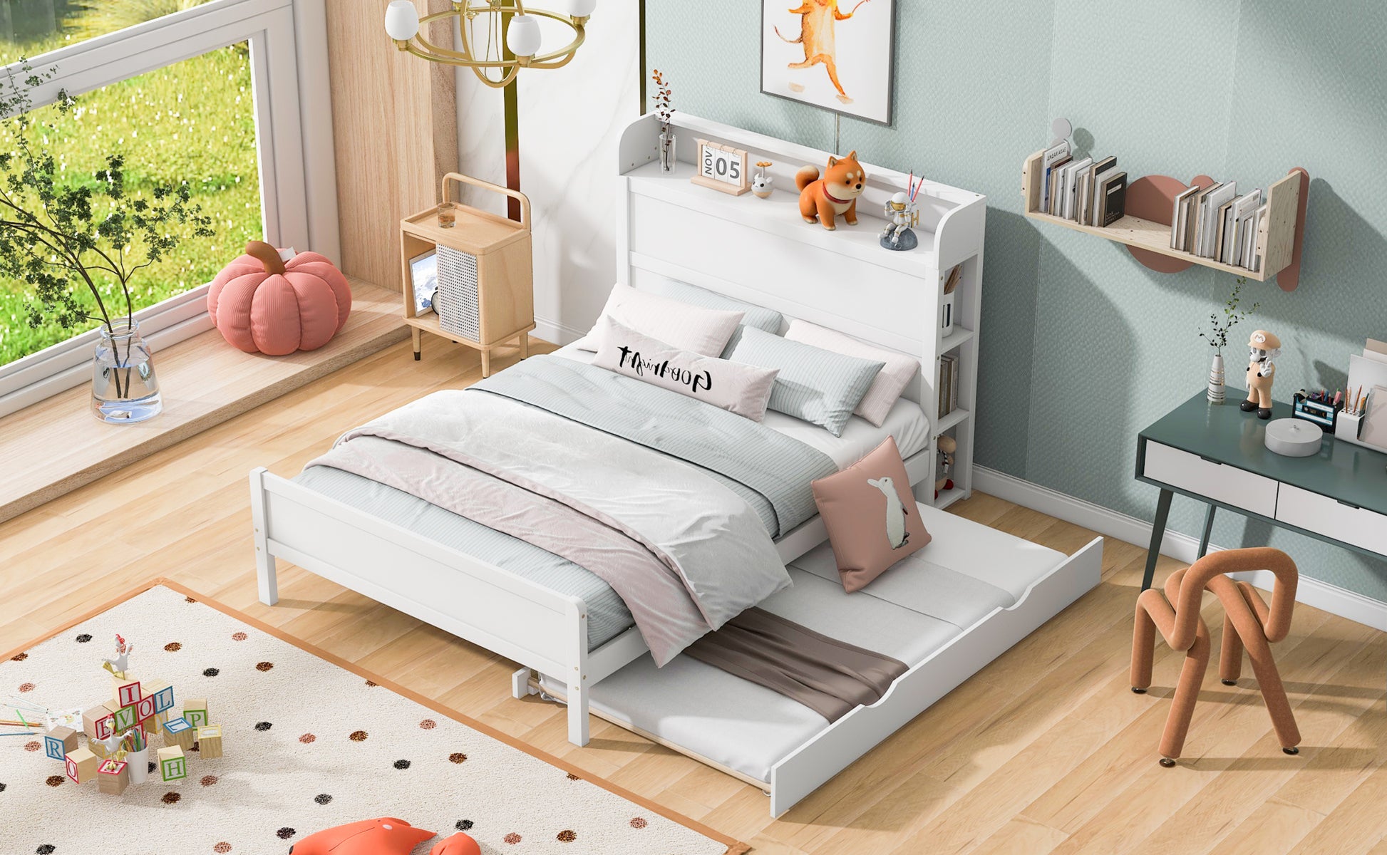 Full Size Platform Bed With Storage Headboard And Twin Size Trundle, White Box Spring Not Required Full White Wood Bedroom Bed Frame Solid Wood Mdf