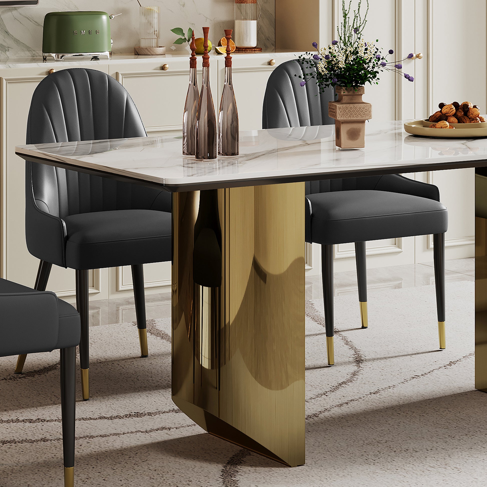 0.47" Thick Sintered Stone Composite Tempered Glass Top Rectangular Dining Table With Stainless Steel Base Gold Sintered Stone