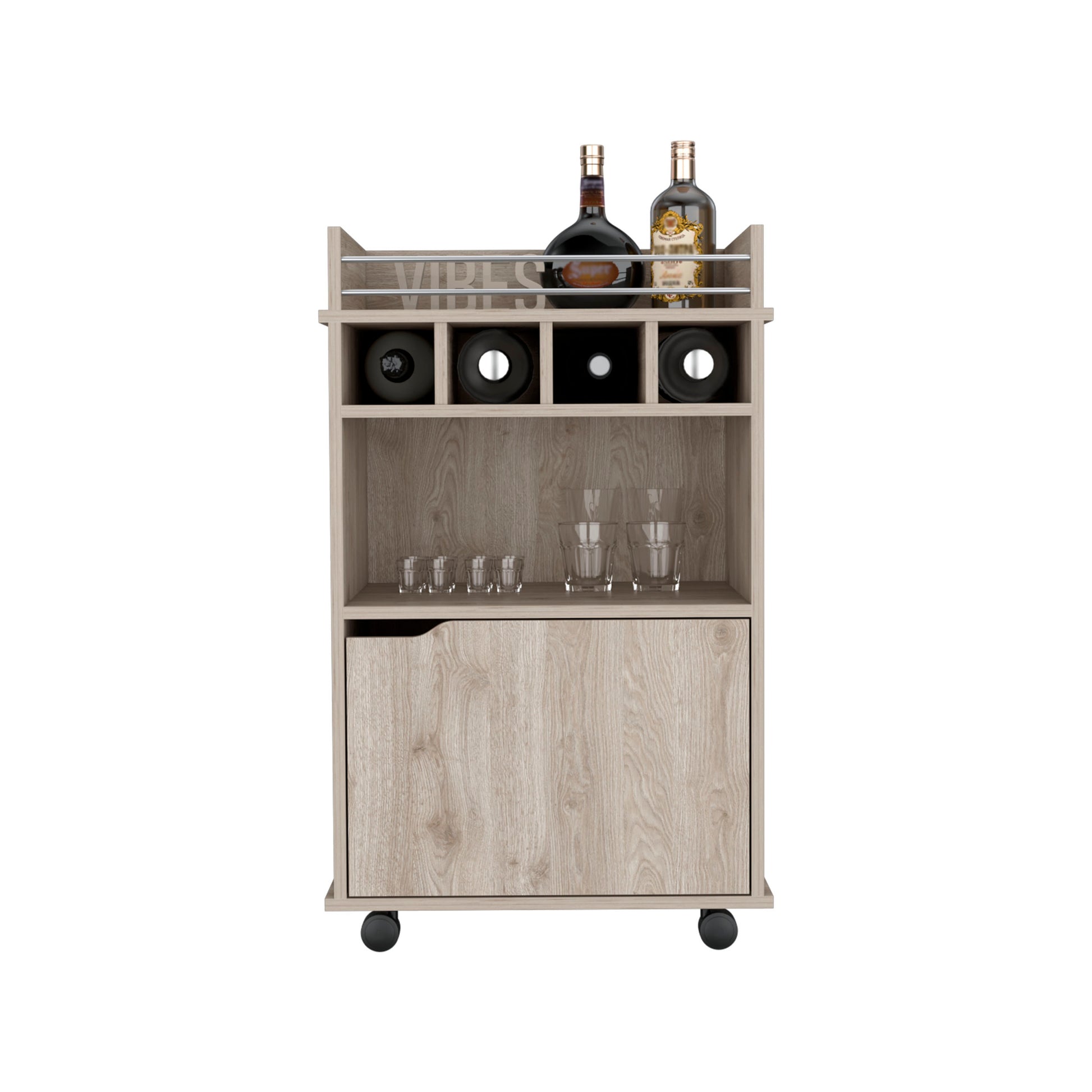 Sims 35" H Bar Cart With Two Shelves Four Wine Cubbies And One Cabinet,Light Pine Beige Particle Board Pine