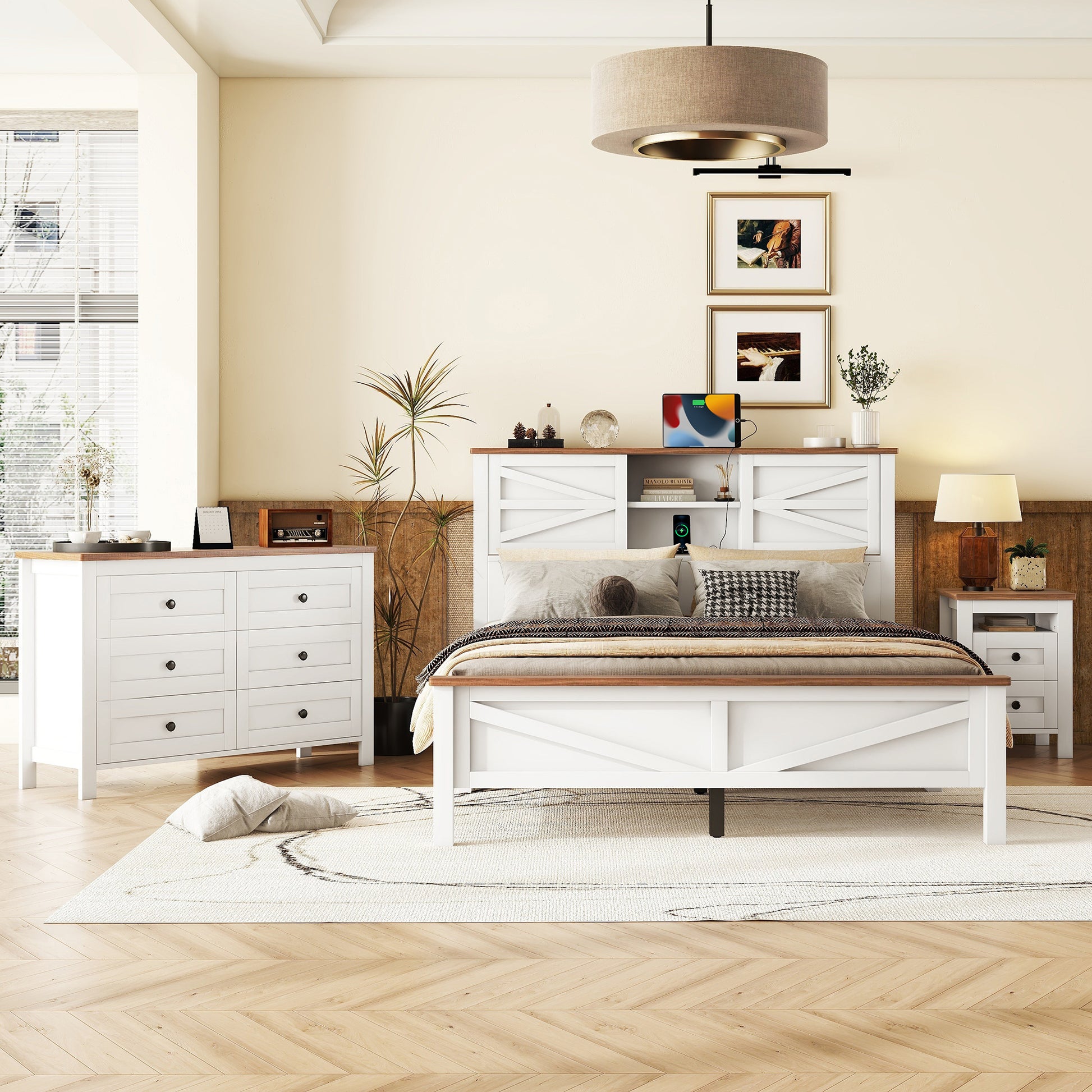 3 Pieces Bedroom Sets Queen Size Farmhouse Platform Bed With Double Sliding Door Storage Headboard, Storage Nightstand And Dresser, White Brown Queen White 3 Piece Set Particle Board