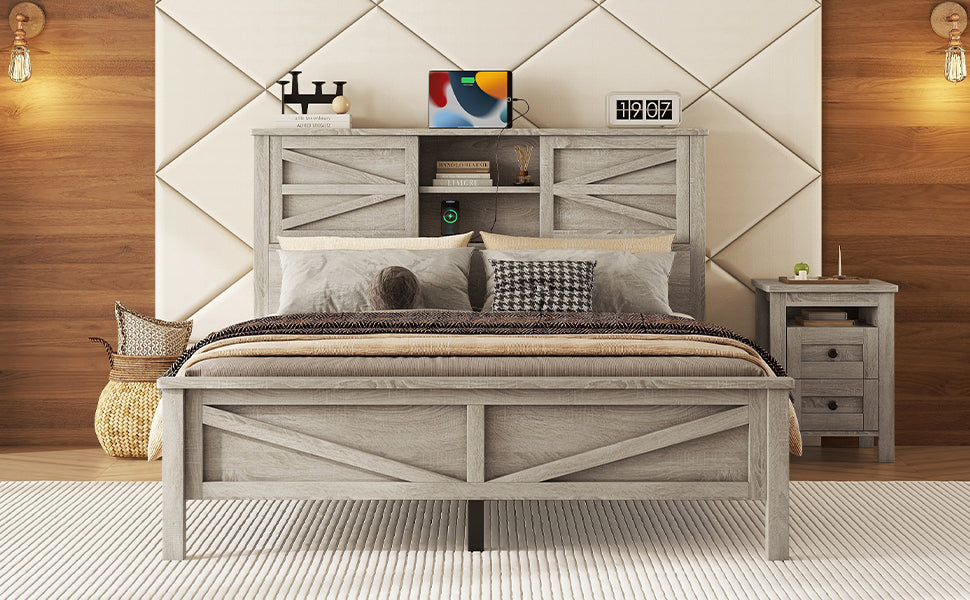 Farmhouse Platform Bed With Double Sliding Barn Door, Queen Size Rustic Wood Bed Withcharging Station, Wood Slats Support, Antique Gray Antique Gray Particle Board
