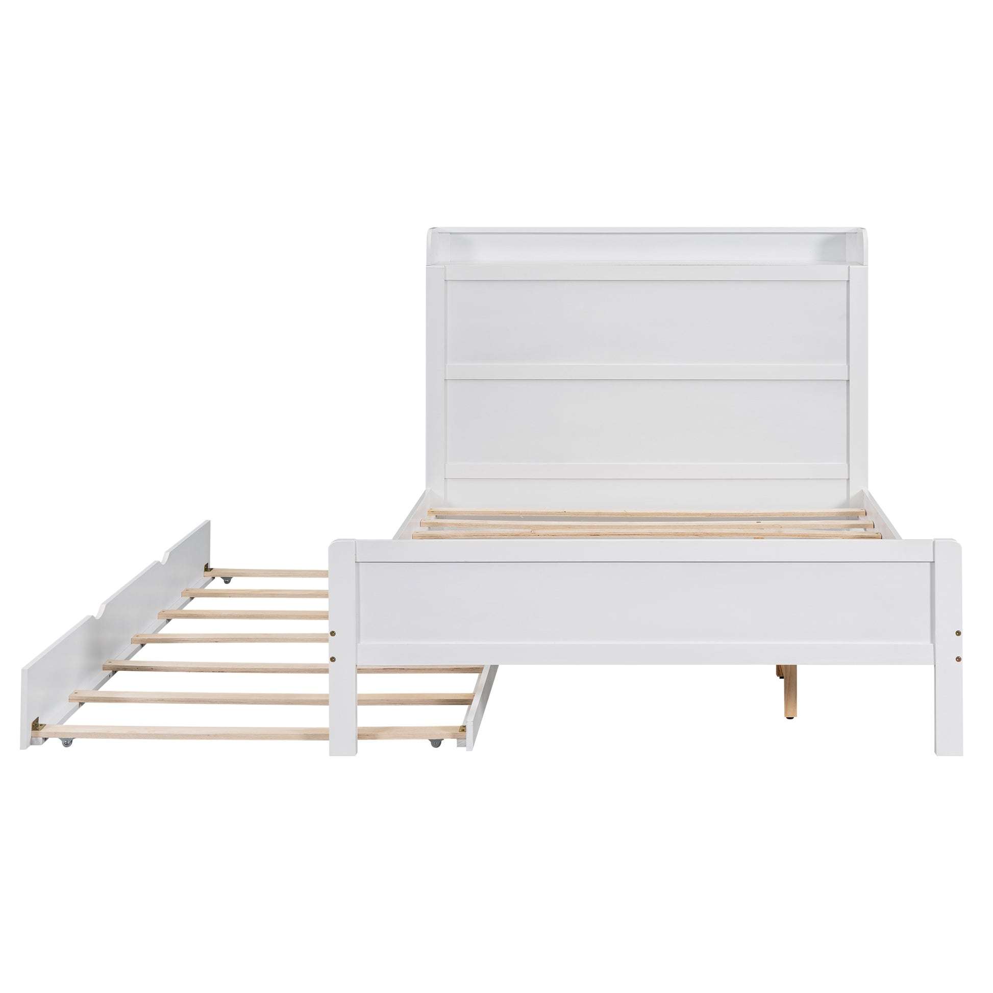 Full Size Platform Bed With Storage Headboard And Twin Size Trundle, White Box Spring Not Required Full White Wood Bedroom Bed Frame Solid Wood Mdf