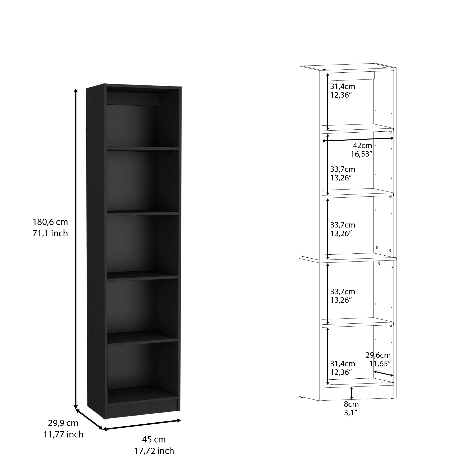 Vinton Xs Bookcase Compact Bookshelf With Multiple Shelves, Black Black Particle Board Pine