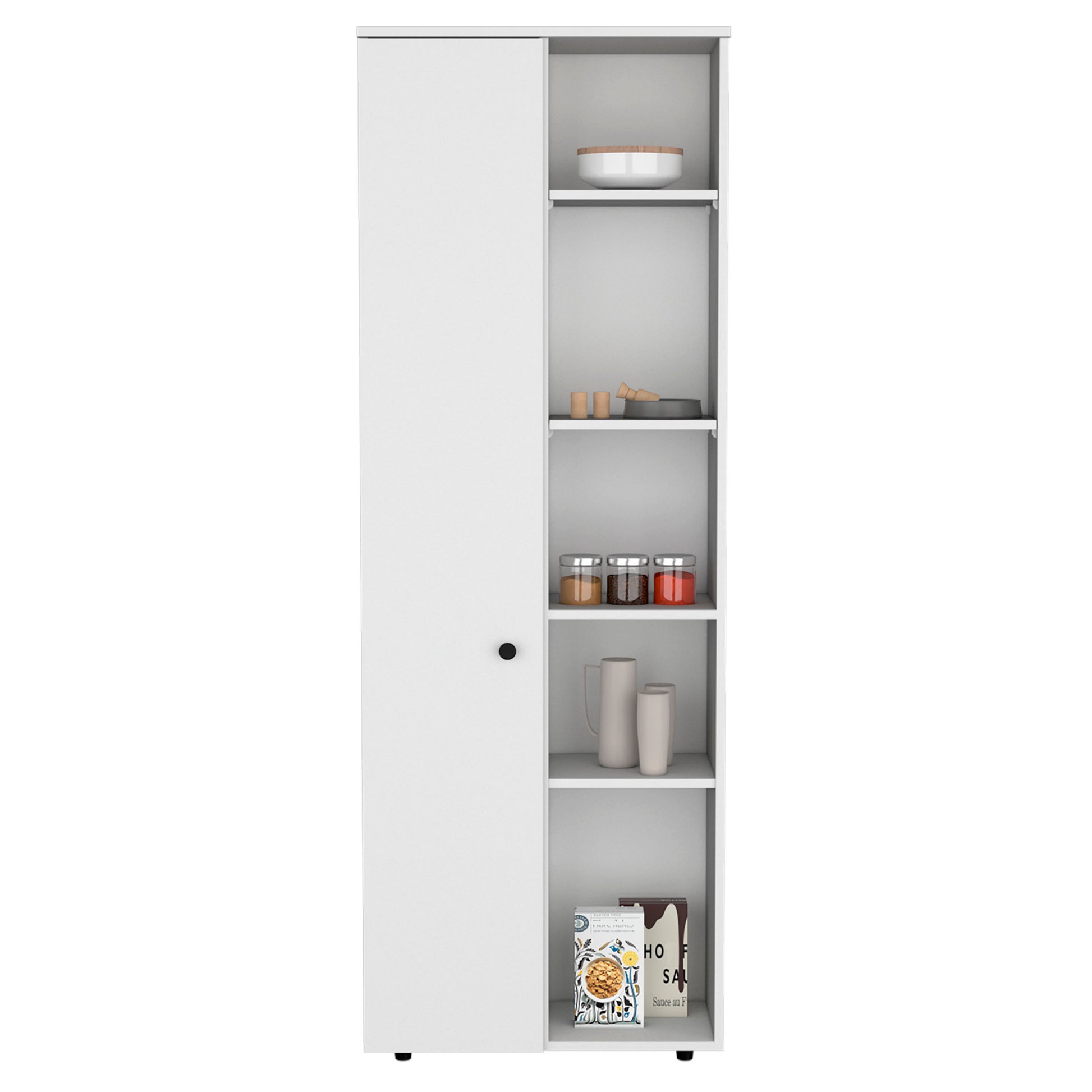 Depot E Shop Cary 67" H Kitchen Storage Cabinet With One Door, Five Interior Shelves And Five Exterior Shelves,White White Particle Board Pine