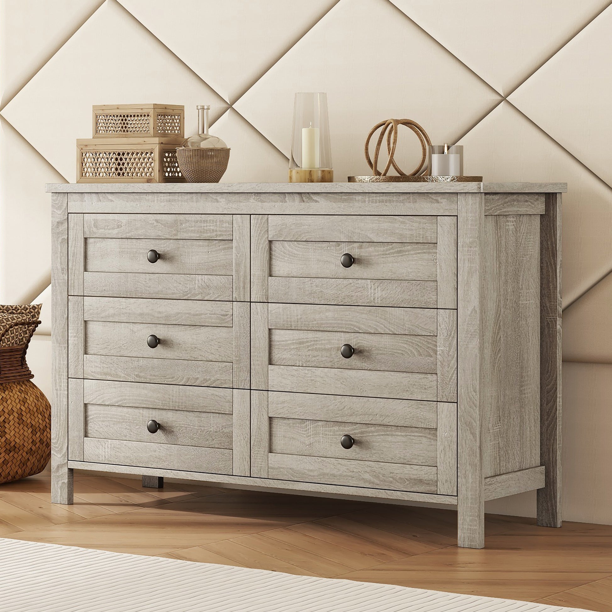 Retro Farmhouse Style Wooden Dresser With 6 Drawer, Storage Cabinet For Bedroom, Anitque Gray Antique Gray Particle Board