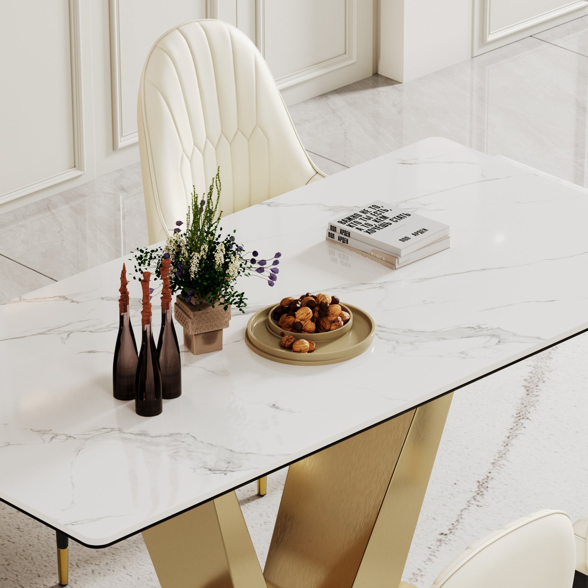 0.47" Thick Sintered Stone Composite Tempered Glass Top Dining Table With V Shape Stainless Steel Base Gold Sintered Stone