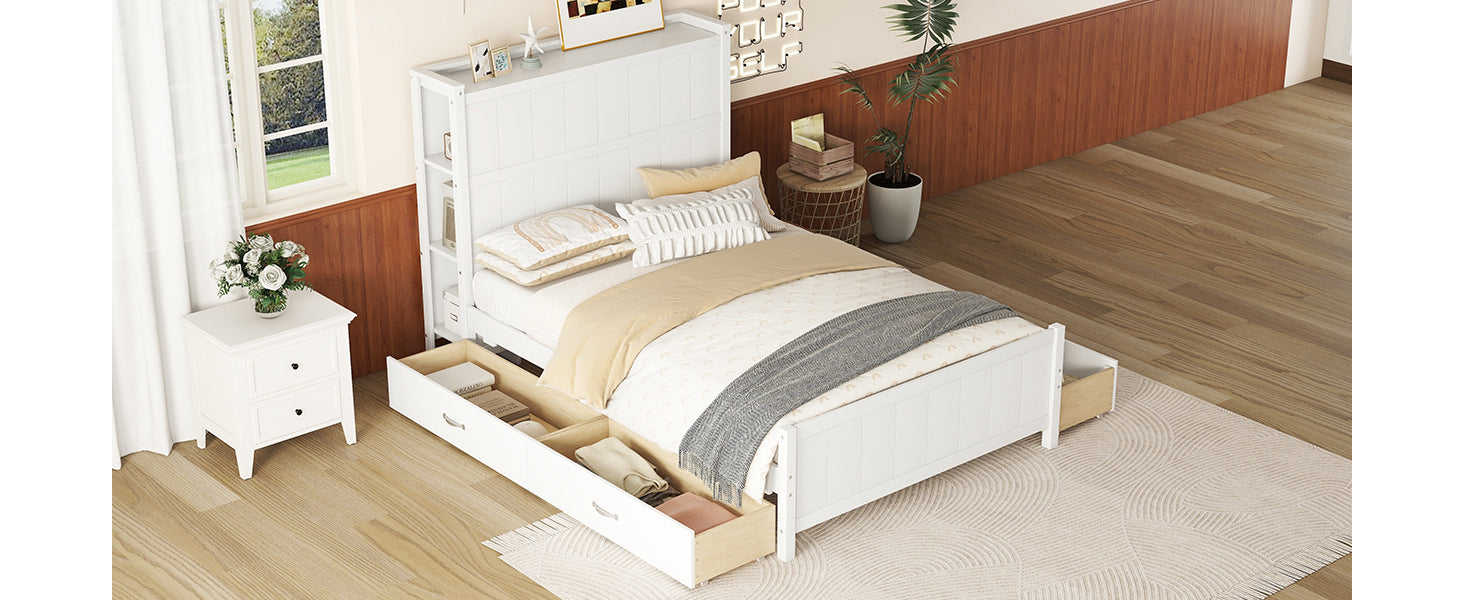 Full Size Platform Bed With Drawers And Storage Shelves, White Antique White Solid Wood Mdf