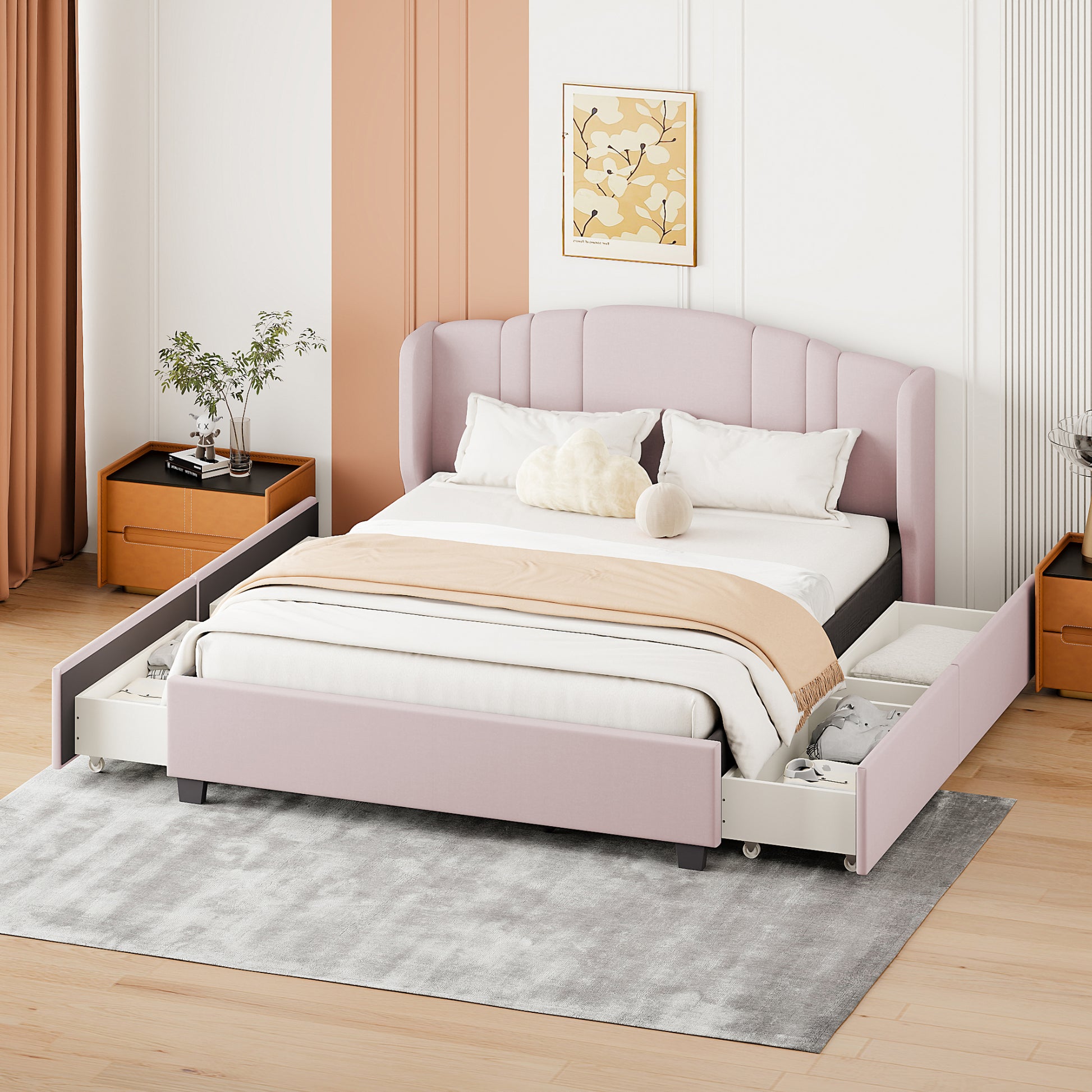 Upholstered Platform Bed With Wingback Headboard And 4 Drawers, No Box Spring Needed, Linen Fabric, Queen Size Pink Pink Upholstered