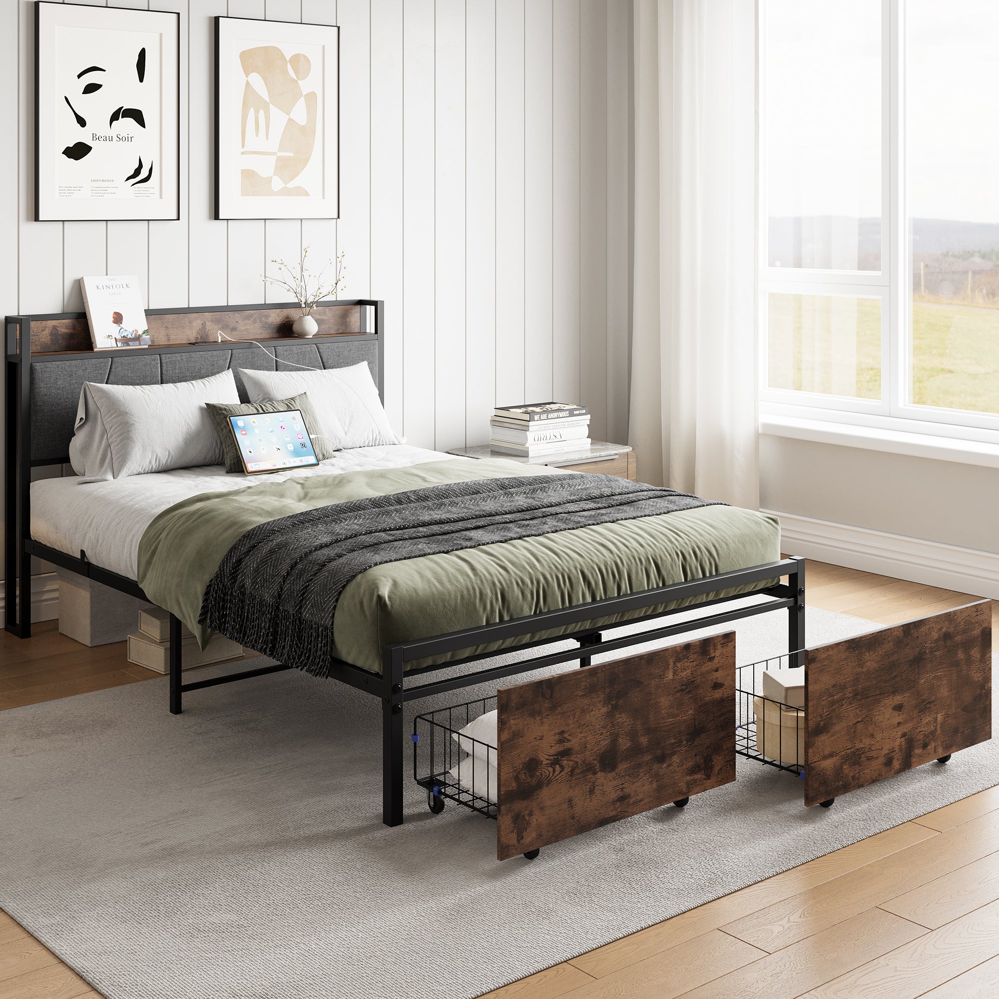 Full Size Bed Frame, Storage Headboard With Charging Station And 2 Storage Drawers,Vintage Brown And Gray Box Spring Not Required Full Black Iron Brown Bedroom Bed Frame Metal & Wood