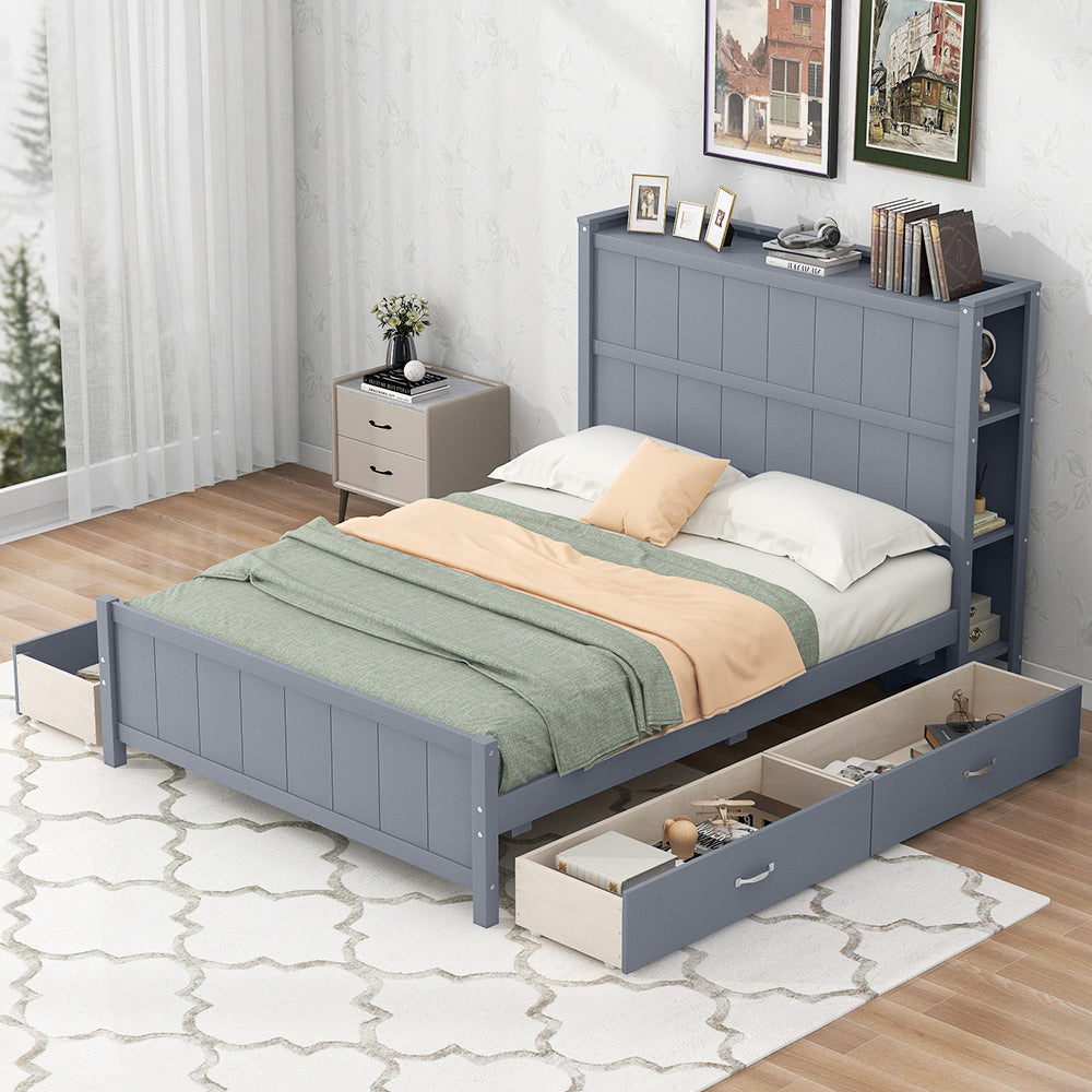 Full Size Platform Bed With Drawers And Storage Shelves, Gray Gray Solid Wood Mdf